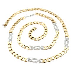 Heavy Italian 18k Yellow Gold Diamond Station 36" Long Curb Cuban Link Necklace