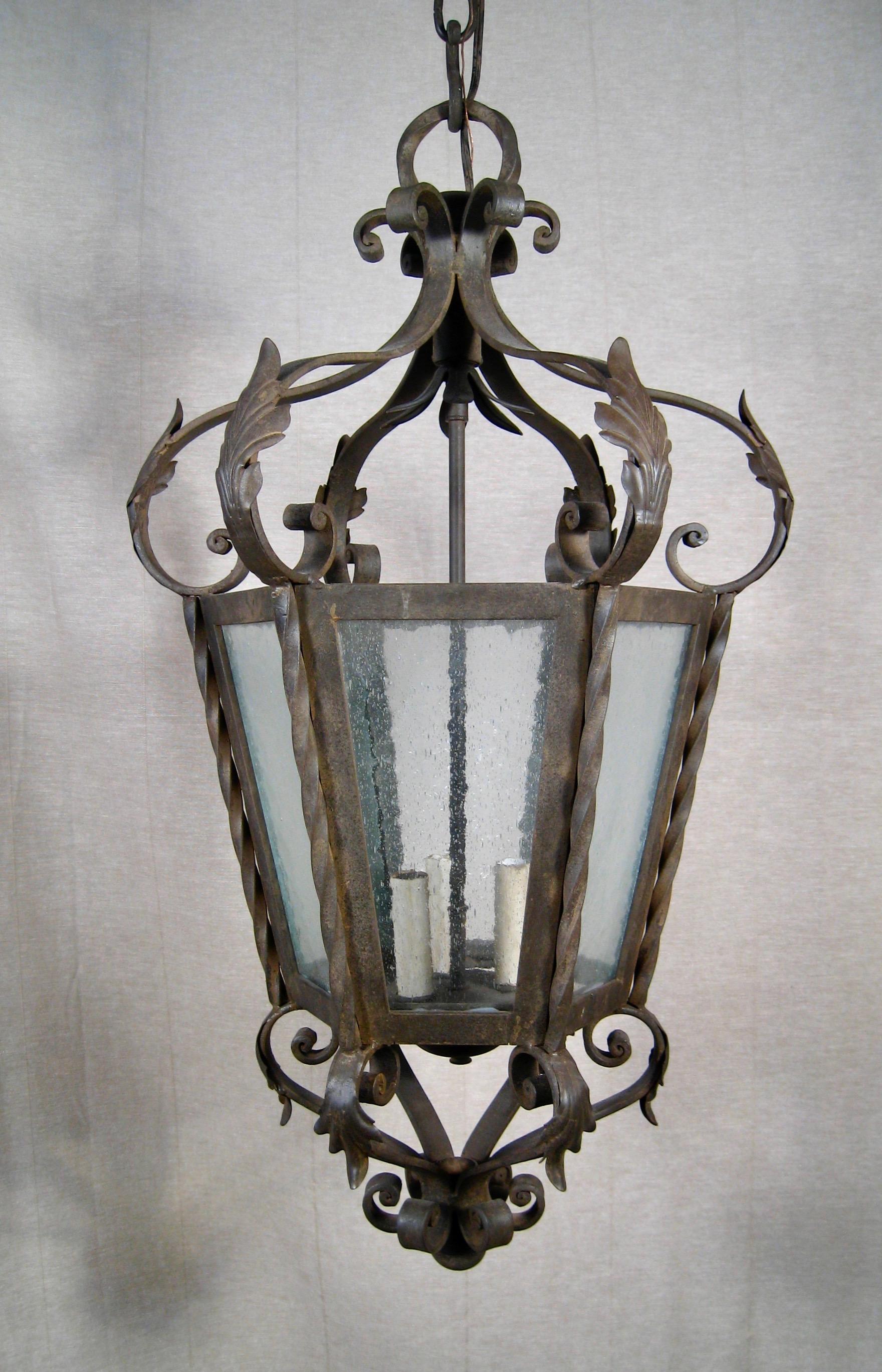 Contemporary Heavy Italian Style Forged Iron Lantern For Sale
