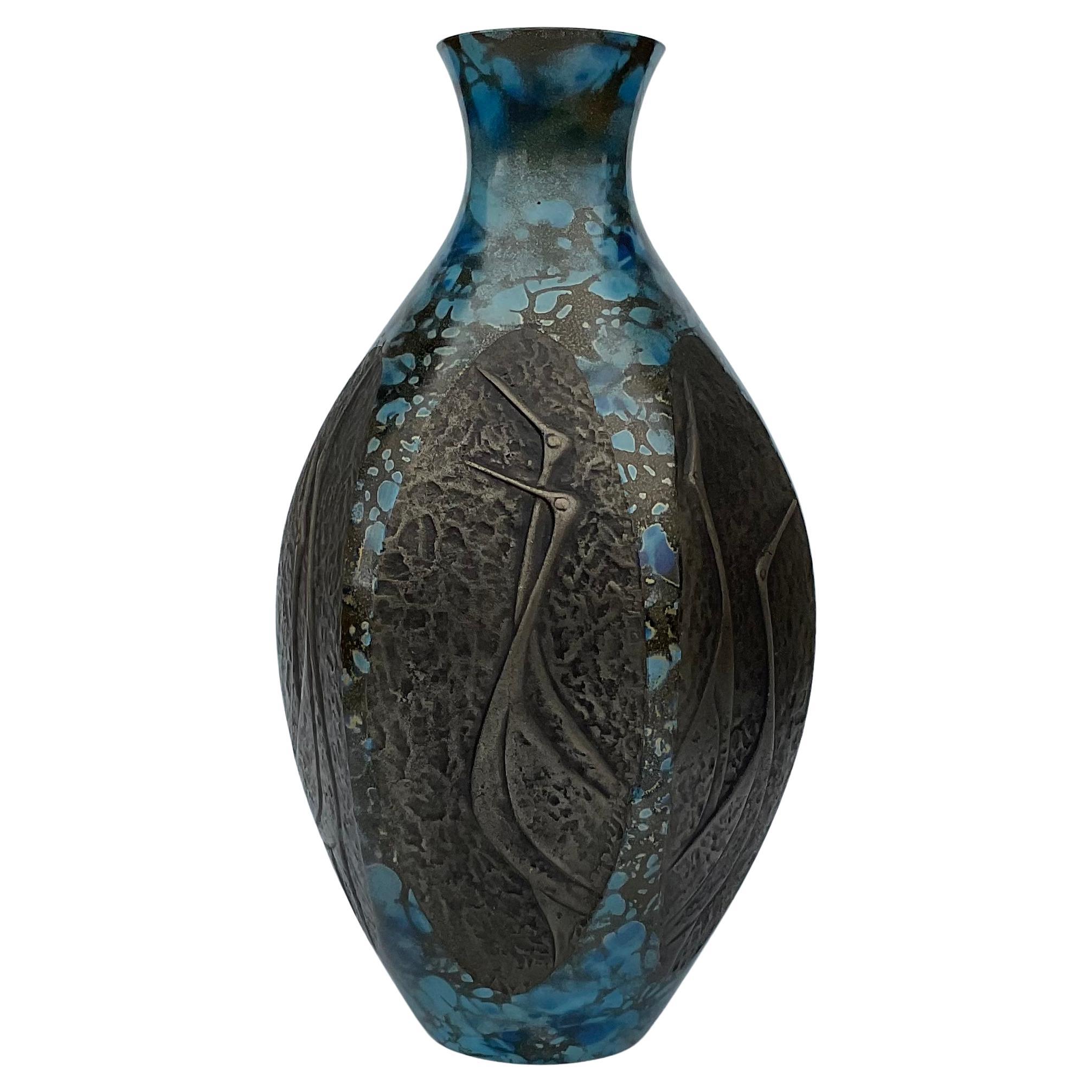 Heavy Japanese Bronze and Enamel Vase with panels of birds Artist signed RARE Example. Beautiful vibrant blue enamel work.