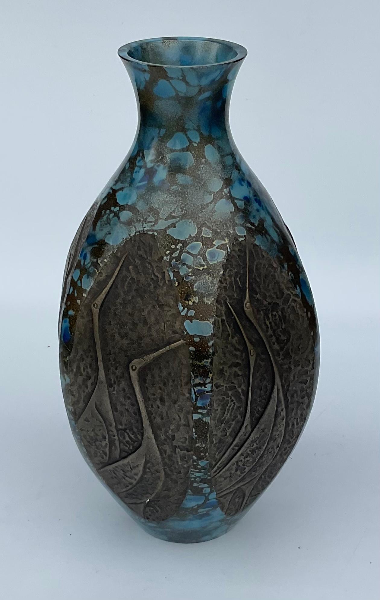 Mid-20th Century Heavy Japanese Bronze and Enamel Vase with Panels of Birds Artist Signed Rare
