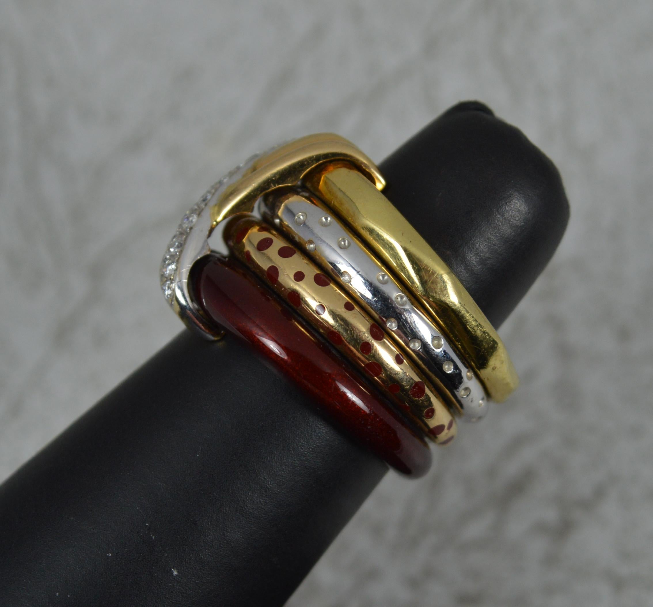 Women's Heavy La Nouvelle Bague 18ct Gold Enamel and Diamond Four Stack Cluster Ring