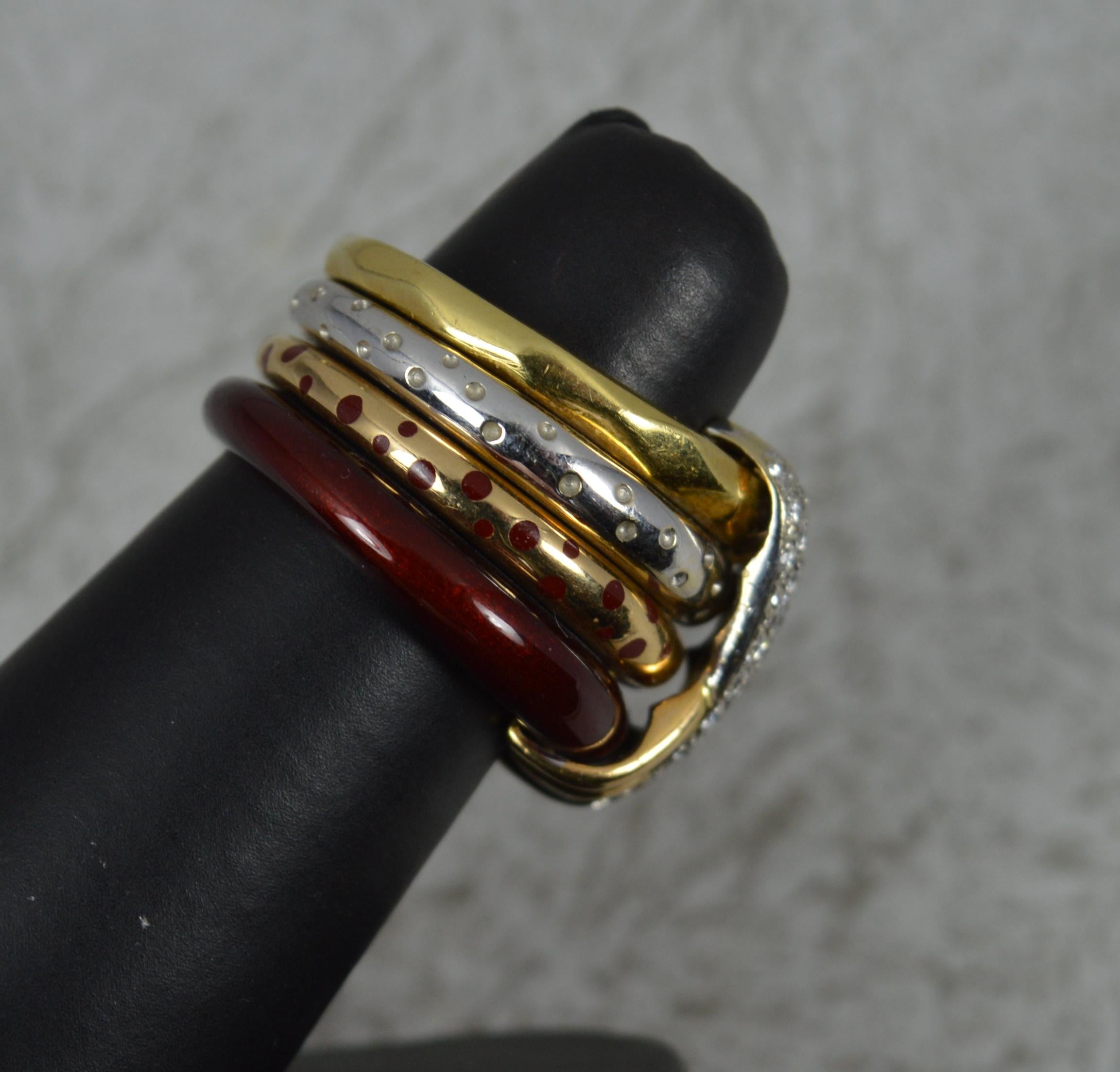 Heavy La Nouvelle Bague 18ct Gold Enamel and Diamond Four Stack Cluster Ring 2