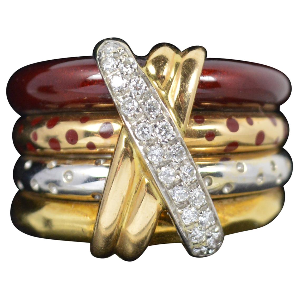 Heavy La Nouvelle Bague 18ct Gold Enamel and Diamond Four Stack Cluster Ring