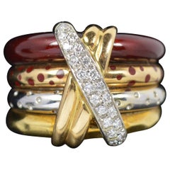 Schwerer La Nouvelle Bague 18ct Gold Emaille und Diamant Vier Stack Cluster Ring