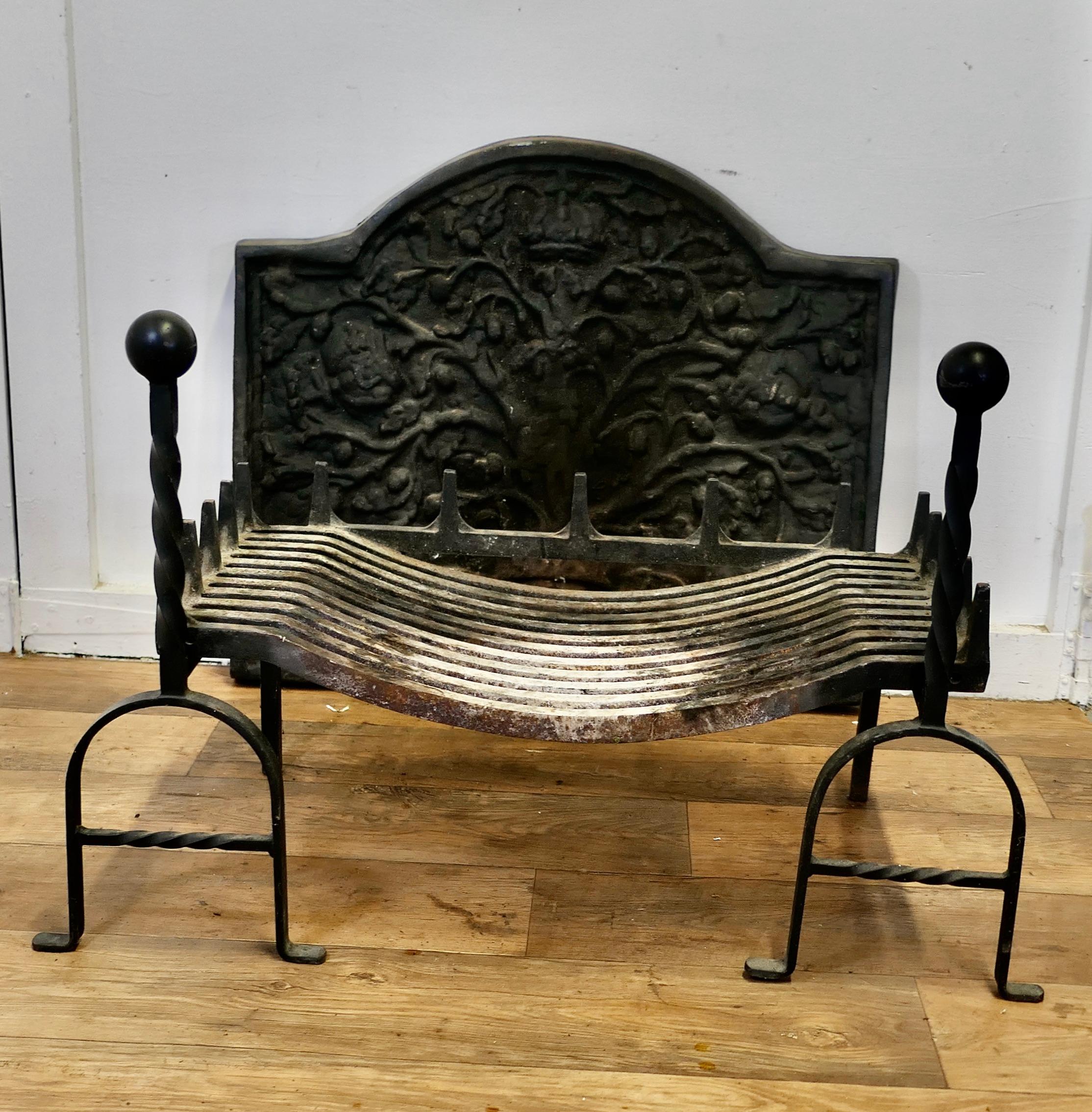 Jacobean Heavy Large Fire Grate with Chimney Back     For Sale