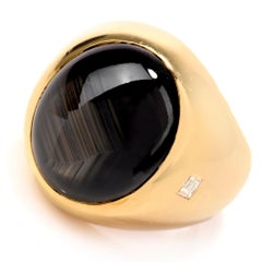 Heavy Large Sapphire Diamond Men's 18 Karat Gold Gypsy Signet Ring