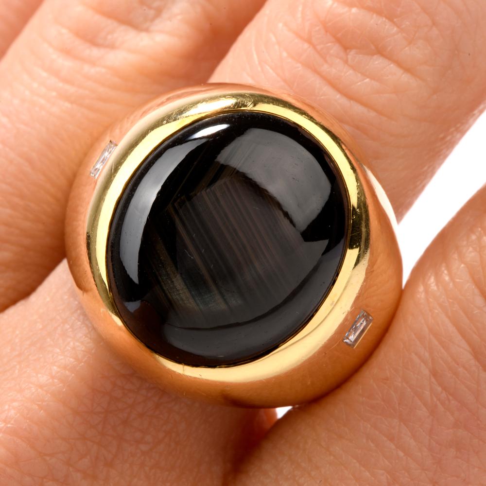 Cabochon Heavy Large Sapphire Diamond Men's 18 Karat Gold Gypsy Signet Ring