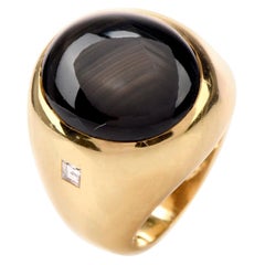Heavy Large Sapphire Diamond Men's 18 Karat Gold Gypsy Signet Ring