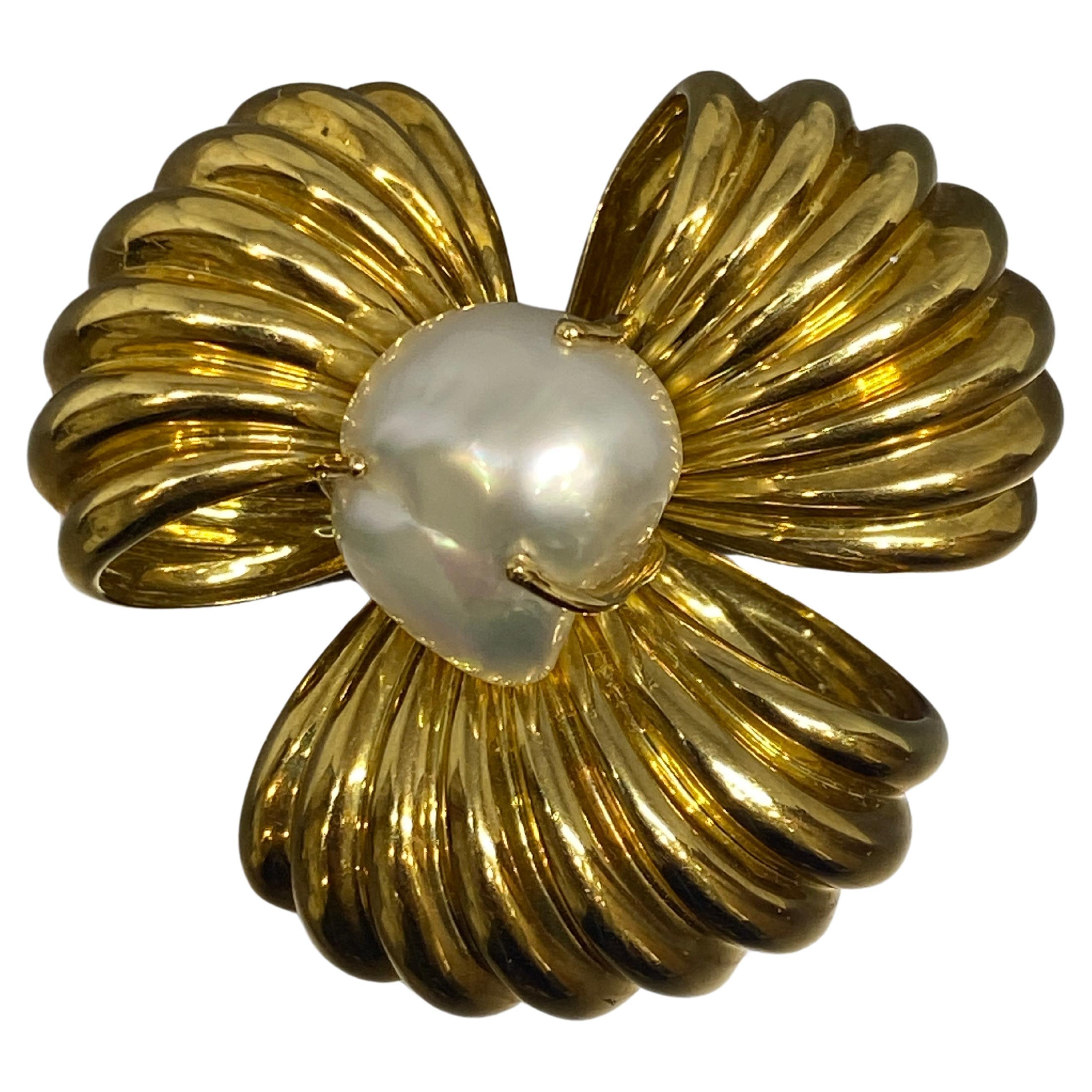 Heavy Large White Baroque Pearl 18k Yellow Gold Bow Ribbon Brooch, Pin 