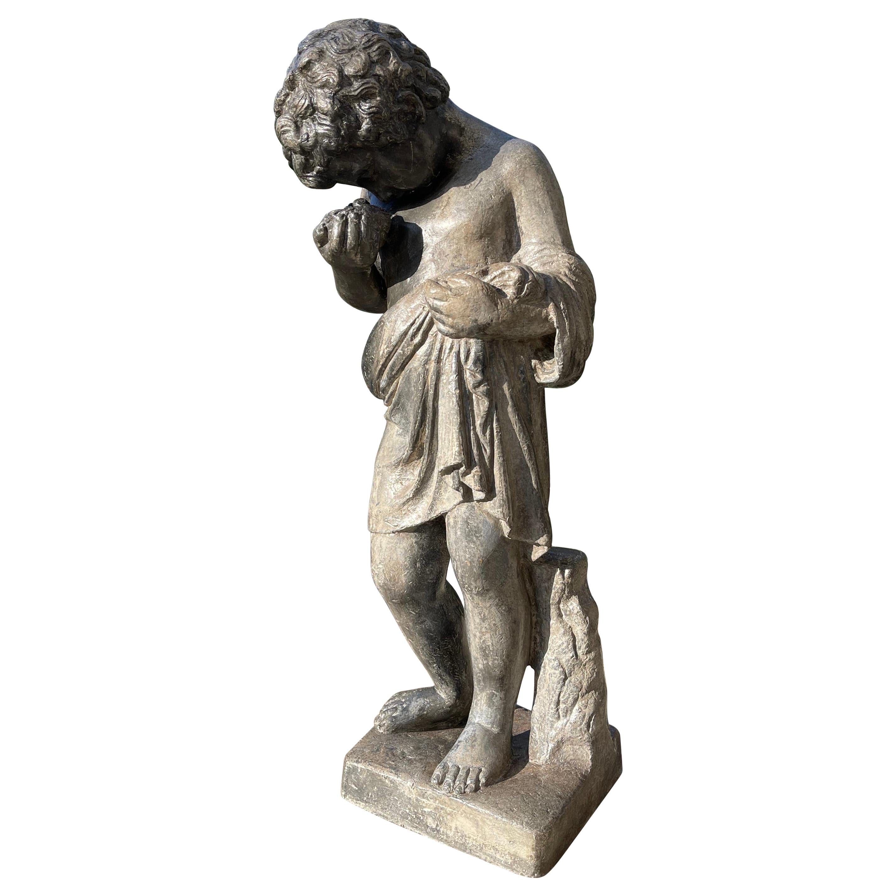 Heavy Lead Figural Statue Depicting a Putto with Bird's Nest, Italy, circa 1880 For Sale