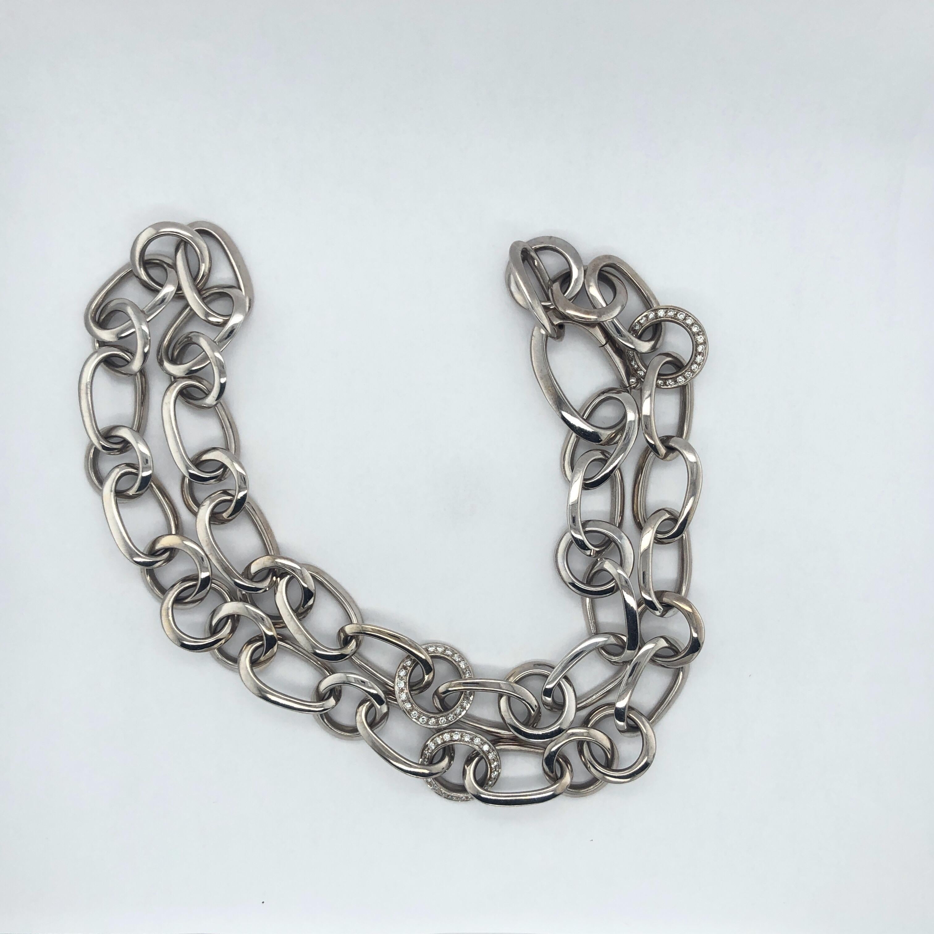 Modern Pomellato Heavy Link Chain with Diamond Pave Links 18 Karat White Gold