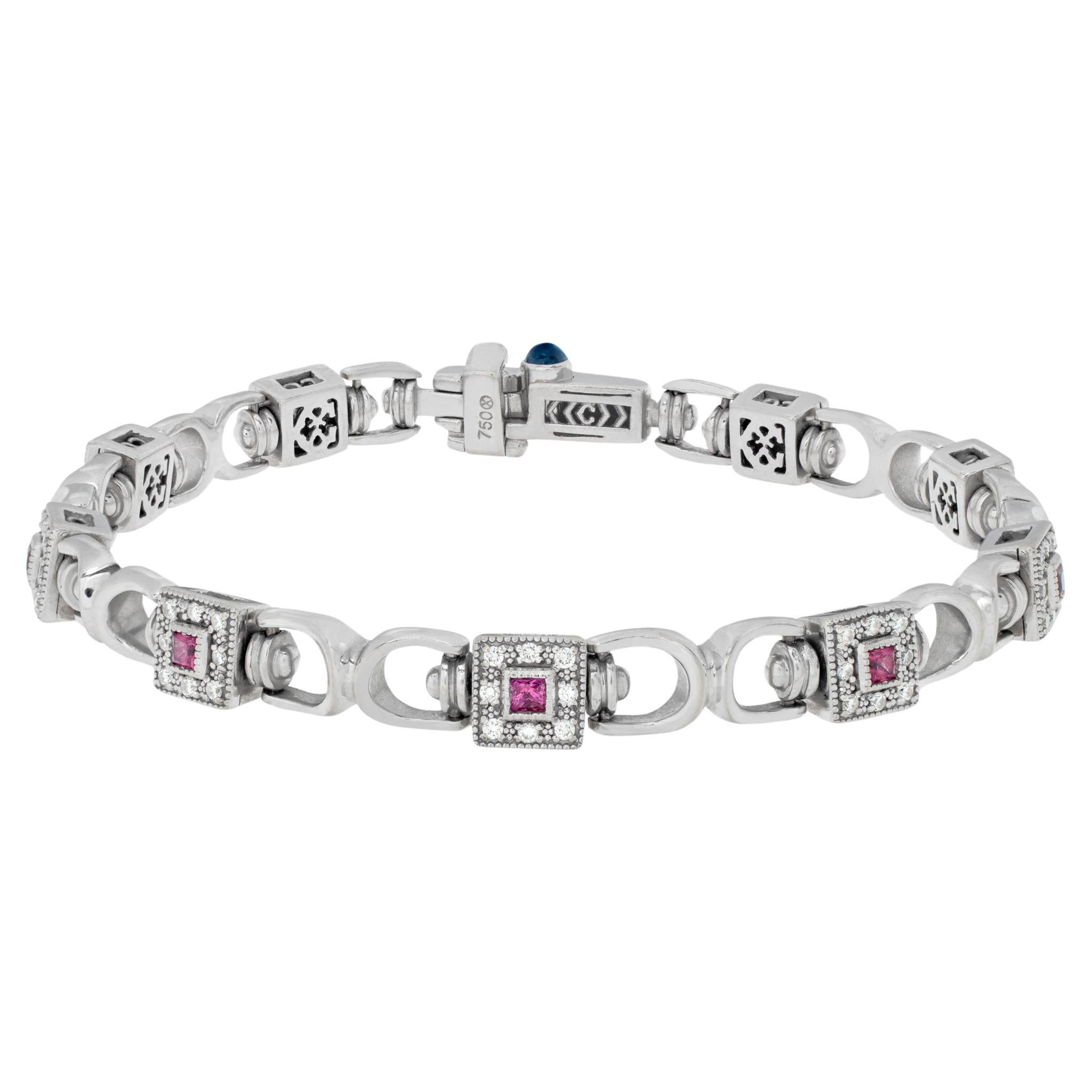 Heavy Link Diamonds & Pink Sapphires French Designer Charriol Bracelet For Sale