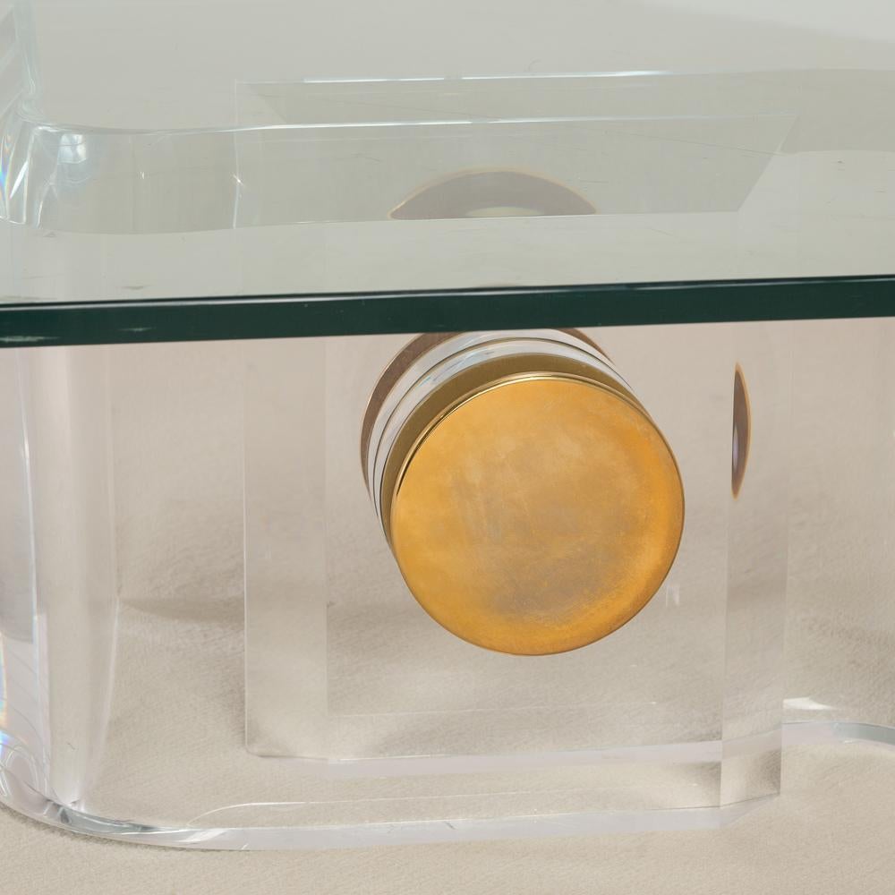 Glass Heavy Lucite and Brass Bolt Detail Coffee Table, 1970s For Sale