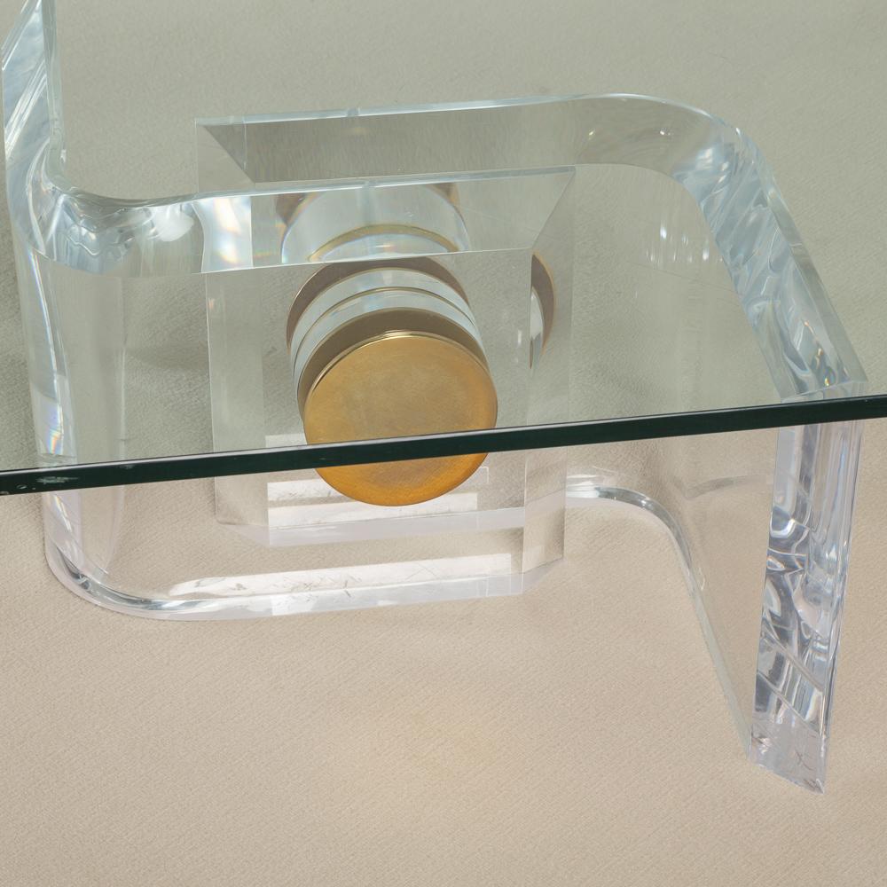 Heavy Lucite and Brass Bolt Detail Coffee Table, 1970s For Sale 1