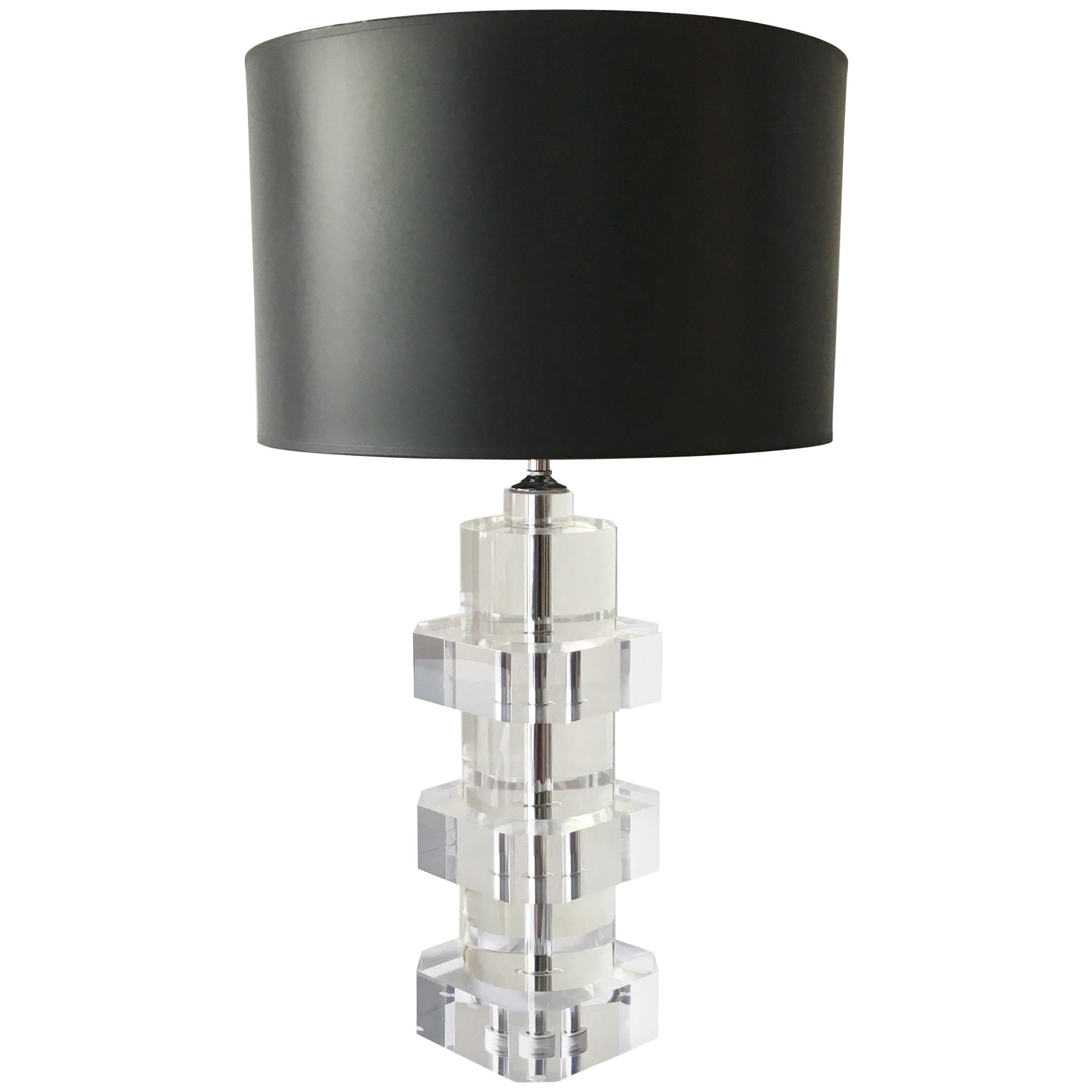 Heavy Lucite Table Lamp with Nickel Stem Detail, 1970s For Sale