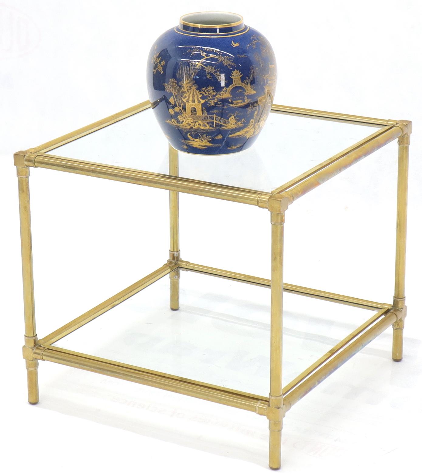 Polished Heavy Machined Brass Glass Top Cube Shape Side Coffee Table For Sale