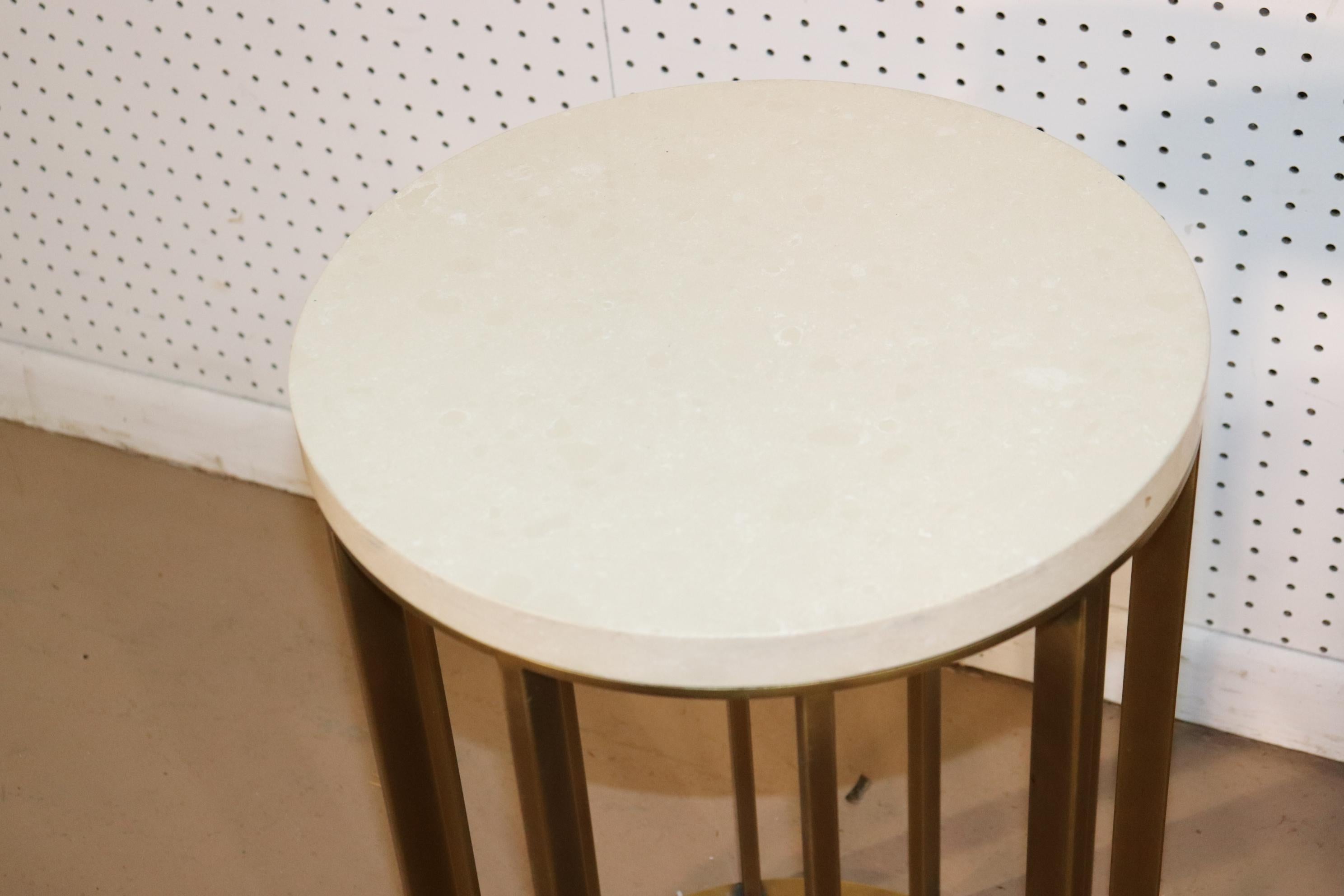 Heavy Marble Top Modern Brass Round End Tables In Good Condition In Swedesboro, NJ