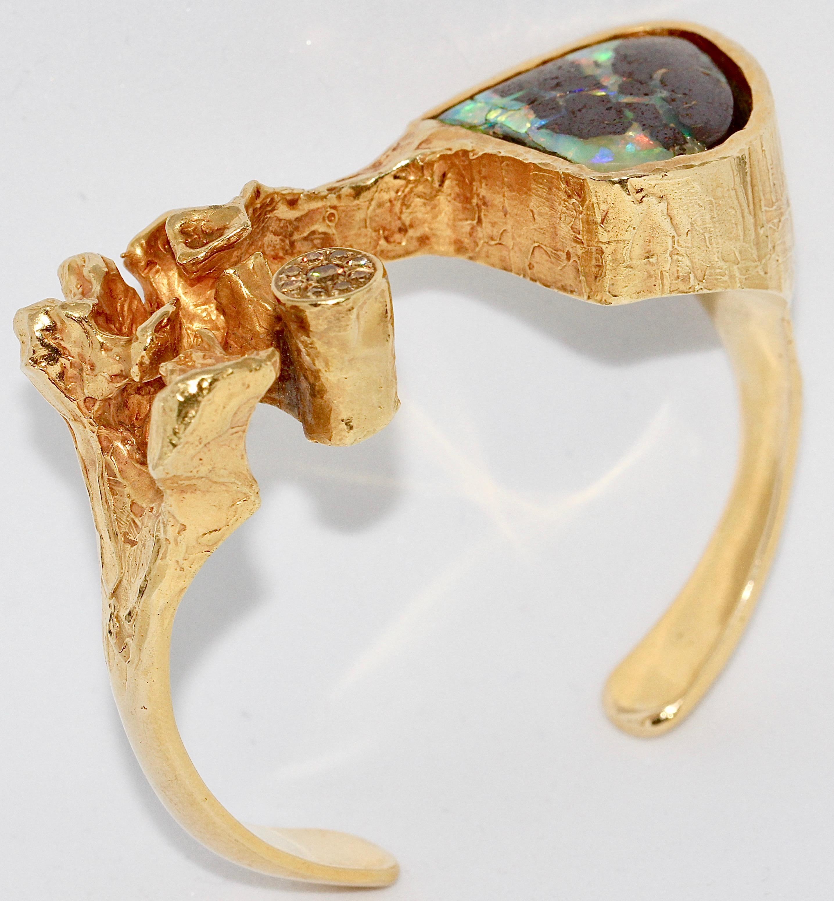 Modern Heavy, Massive Bangle, Bracelet, 14 Karat Gold, with Natural Opal and Diamonds For Sale