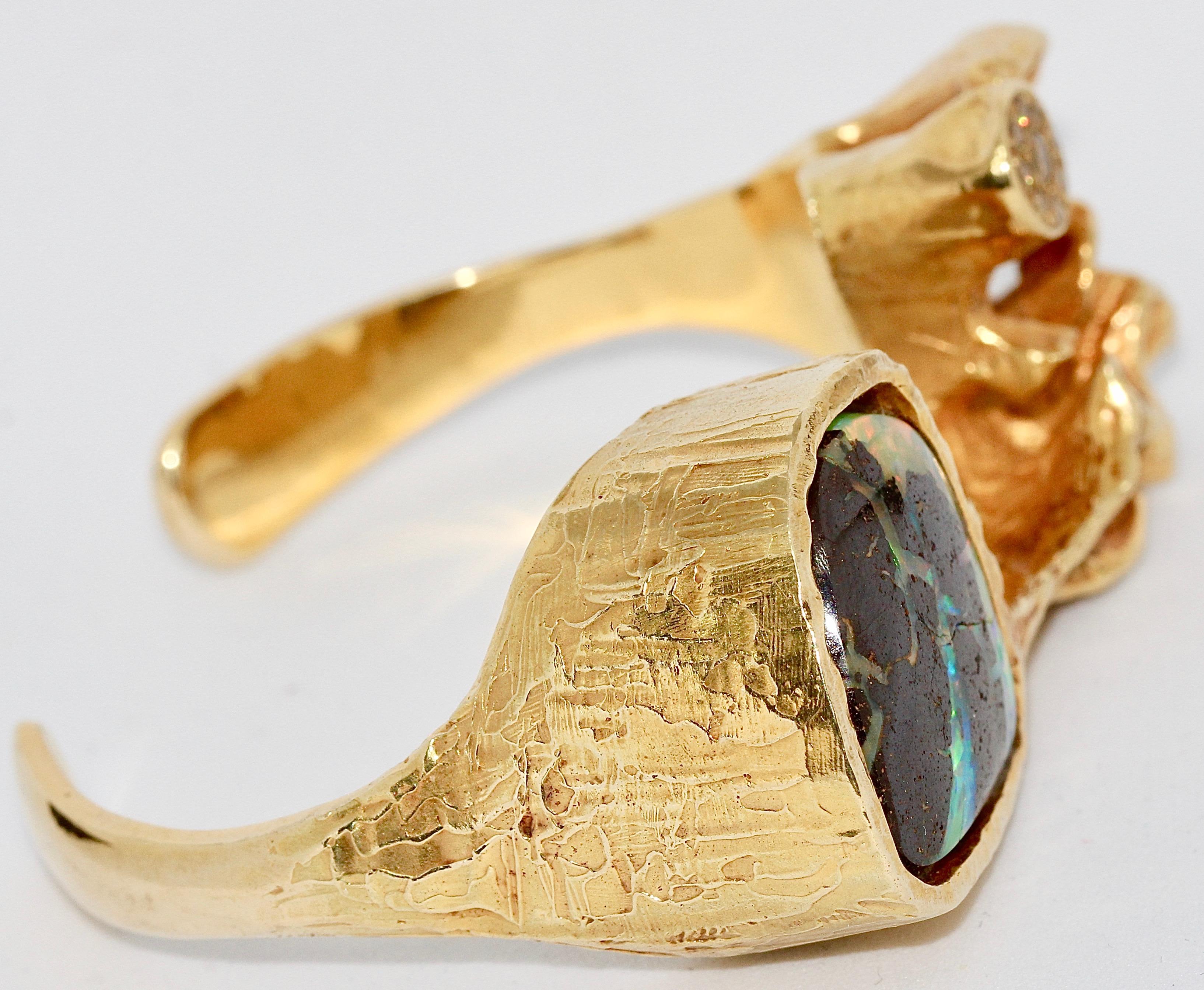 Heavy, Massive Bangle, Bracelet, 14 Karat Gold, with Natural Opal and Diamonds For Sale 3
