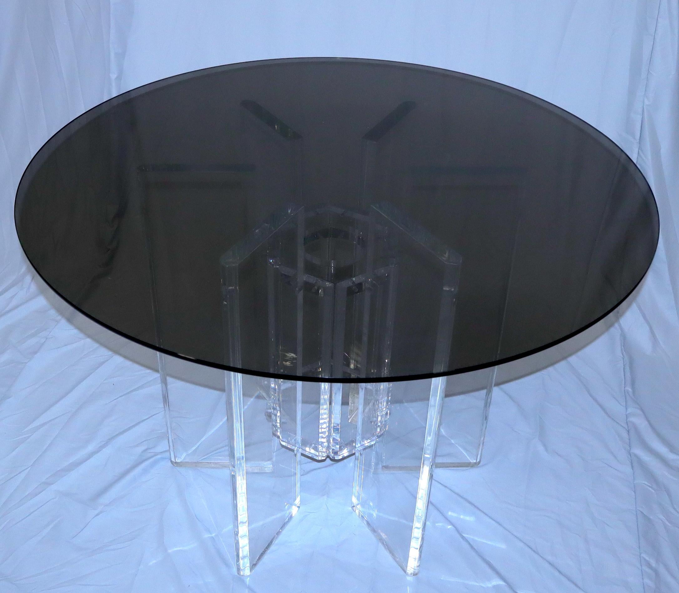 Mid-Century Modern Heavy Massive Lucite Base Round Bronze Smoked Glass Top Dining Conference Table For Sale