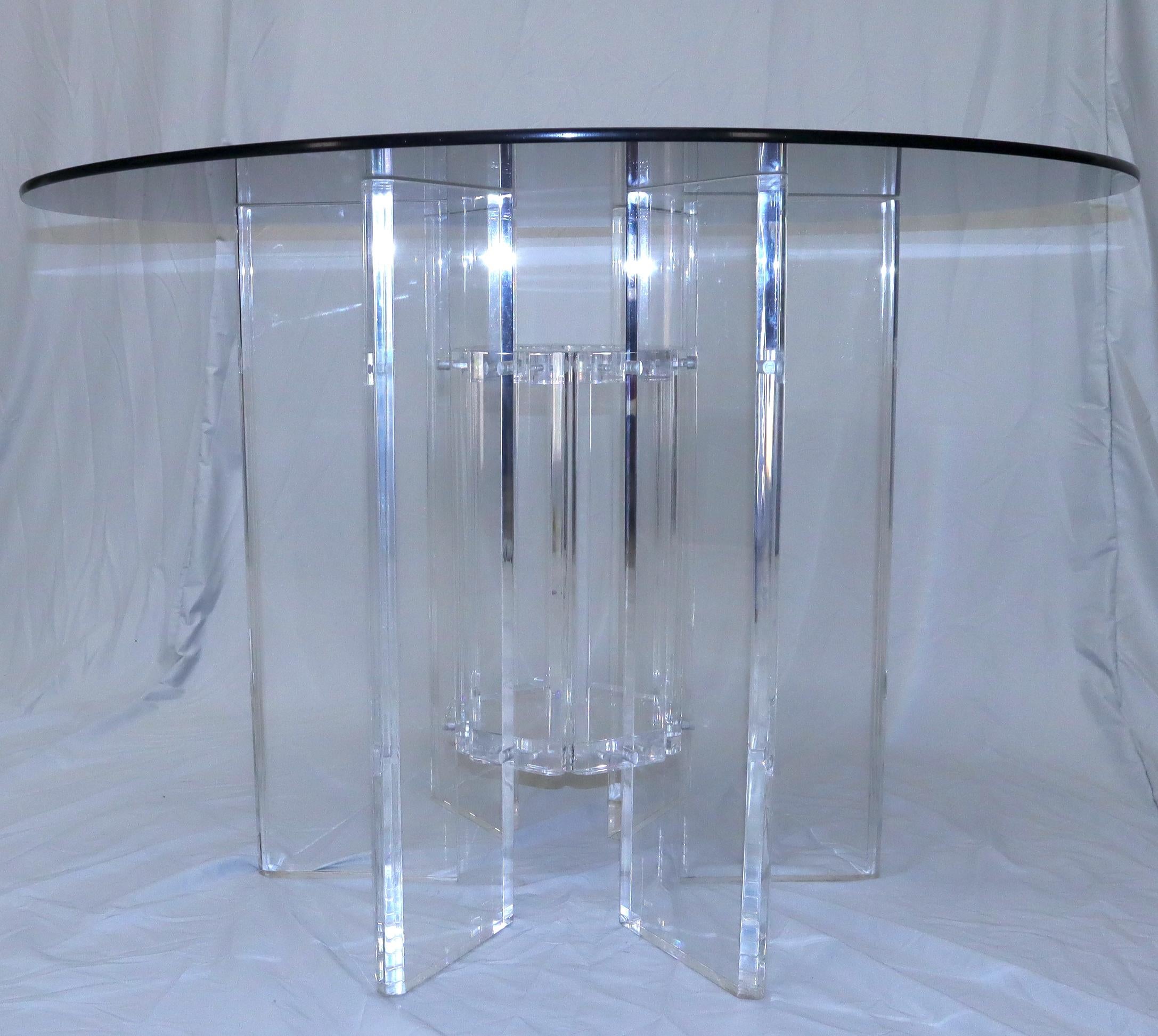 Heavy Massive Lucite Base Round Bronze Smoked Glass Top Dining Conference Table In Good Condition For Sale In Rockaway, NJ