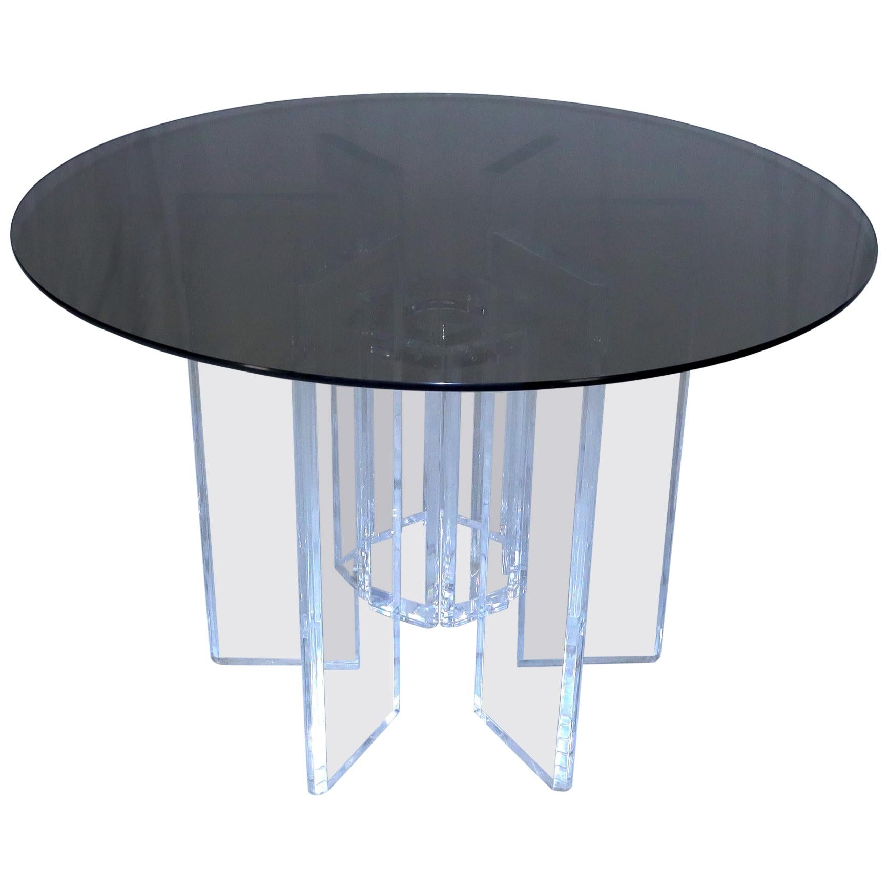 Heavy Massive Lucite Base Round Bronze Smoked Glass Top Dining Conference Table For Sale