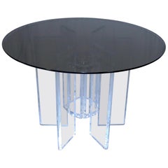 Heavy Massive Lucite Base Round Bronze Smoked Glass Top Dining Conference Table