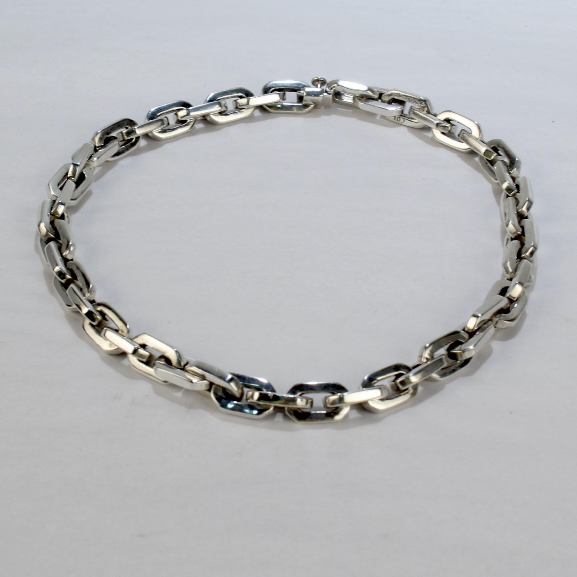 Heavy Mexican Sterling Silver Hexagonal Cable Dog Chain Link Choker Necklace In Good Condition For Sale In Philadelphia, PA