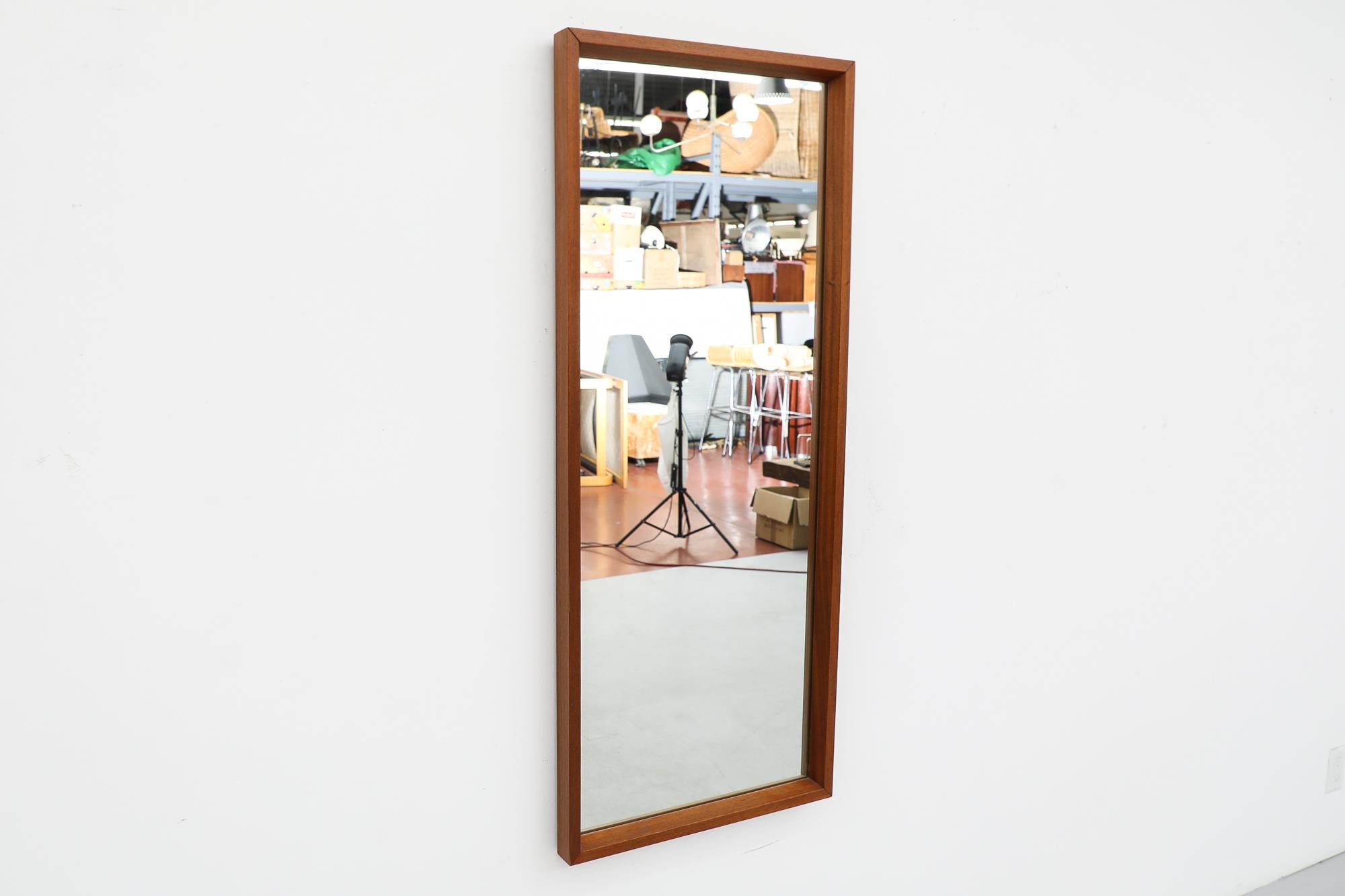 Heavy Tall Mid-Century Danish Wall Mount Mirror with Teak Frame In Good Condition For Sale In Los Angeles, CA