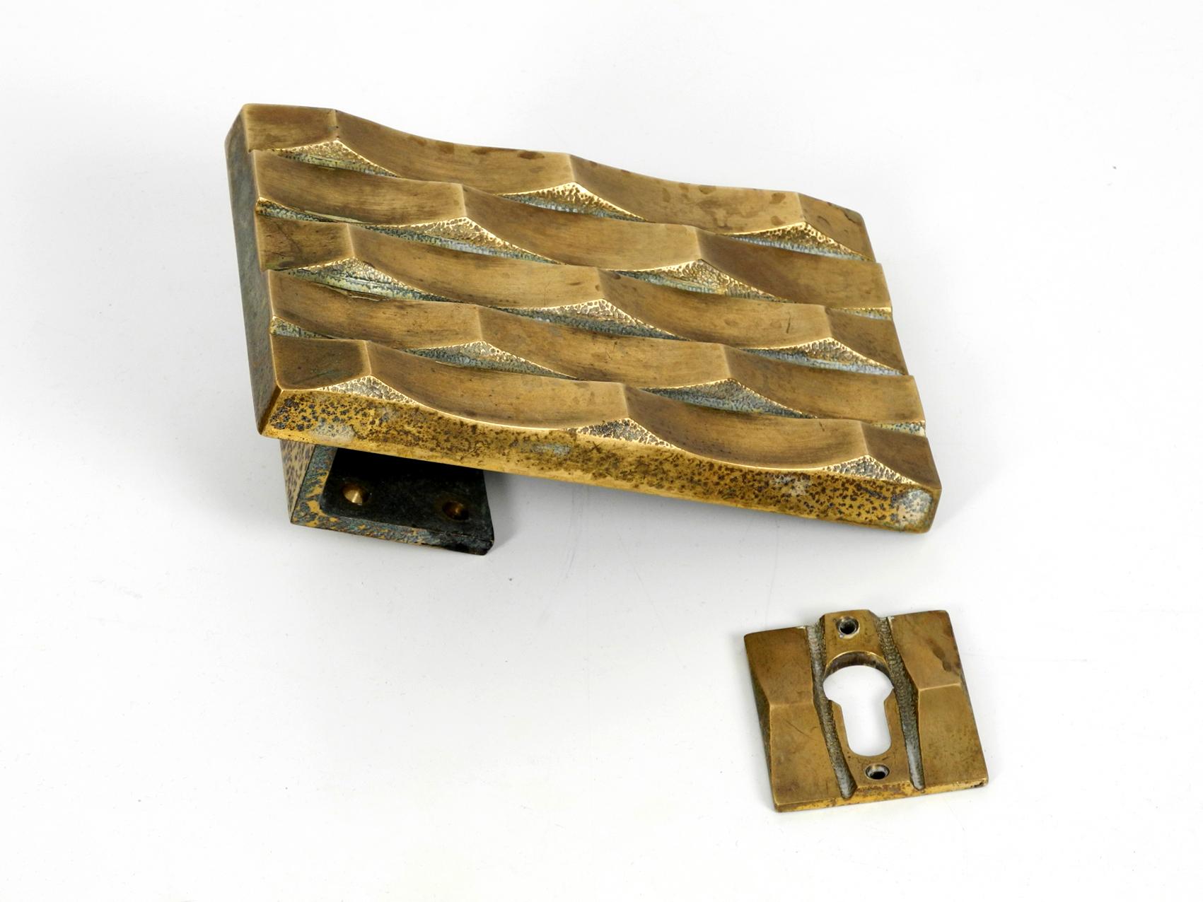 European Heavy Mid-Century Modern Brutalist Design Brass Door Handle with Keyhole Cover