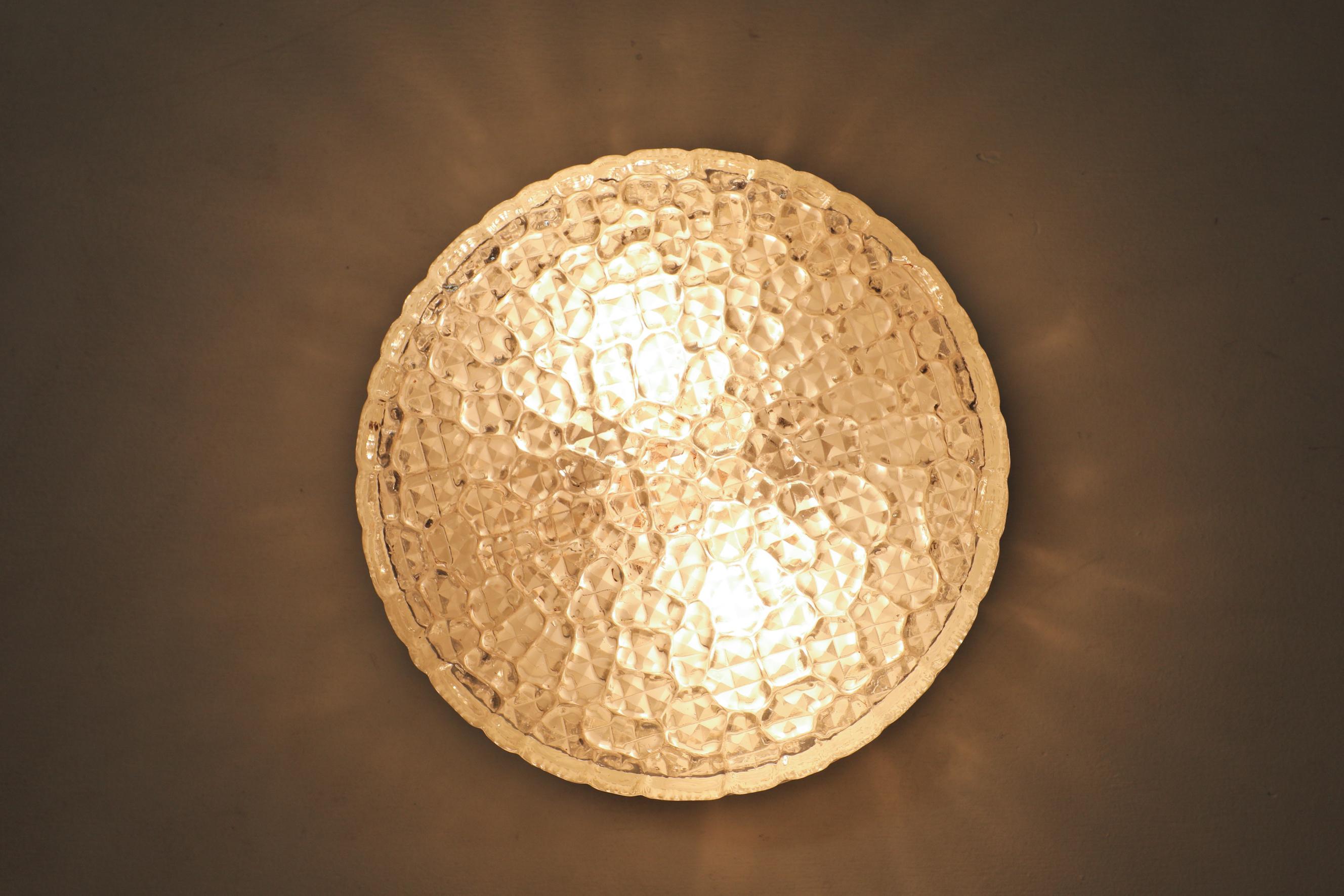 Heavy Mid-Century Mazzega Style Pressed Glass Flush Mounted Ceiling Light For Sale 4
