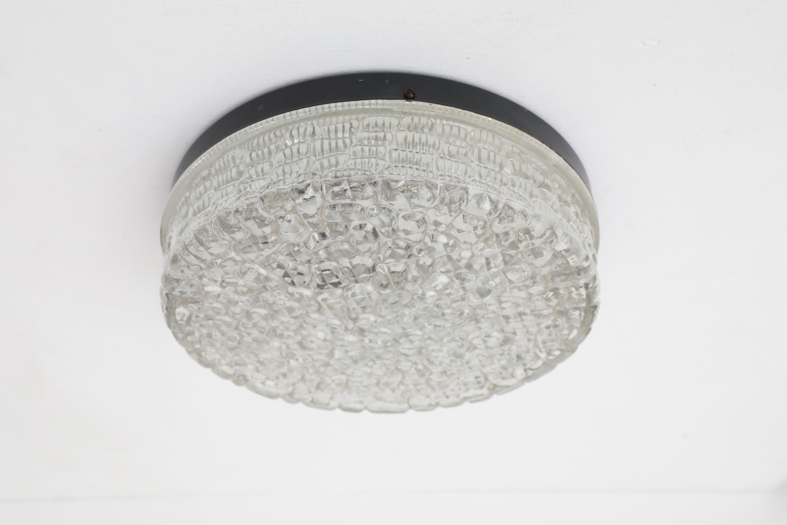 Dutch Heavy Mid-Century Mazzega Style Pressed Glass Flush Mounted Ceiling Light For Sale