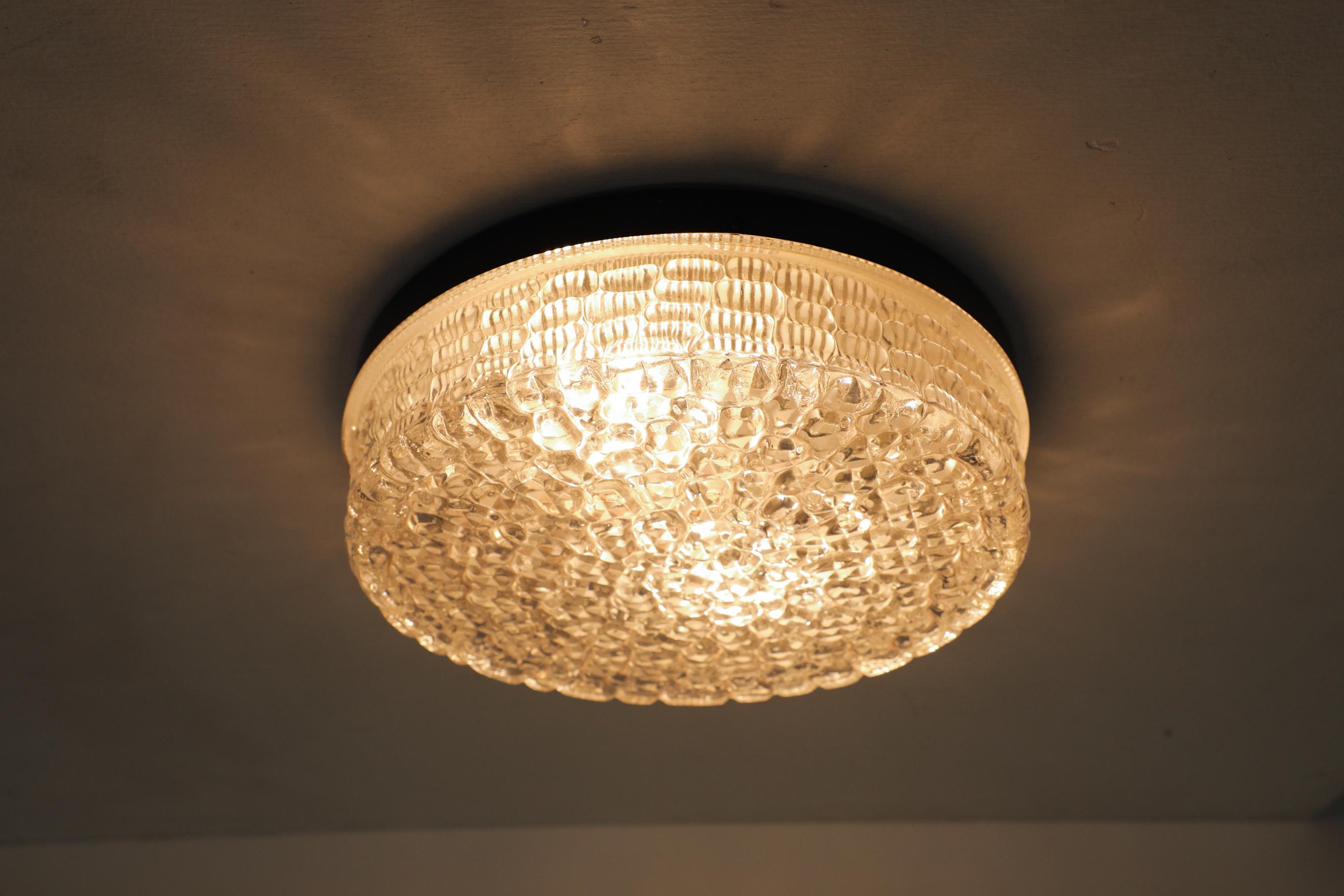 Heavy Mid-Century Mazzega Style Pressed Glass Flush Mounted Ceiling Light For Sale 1