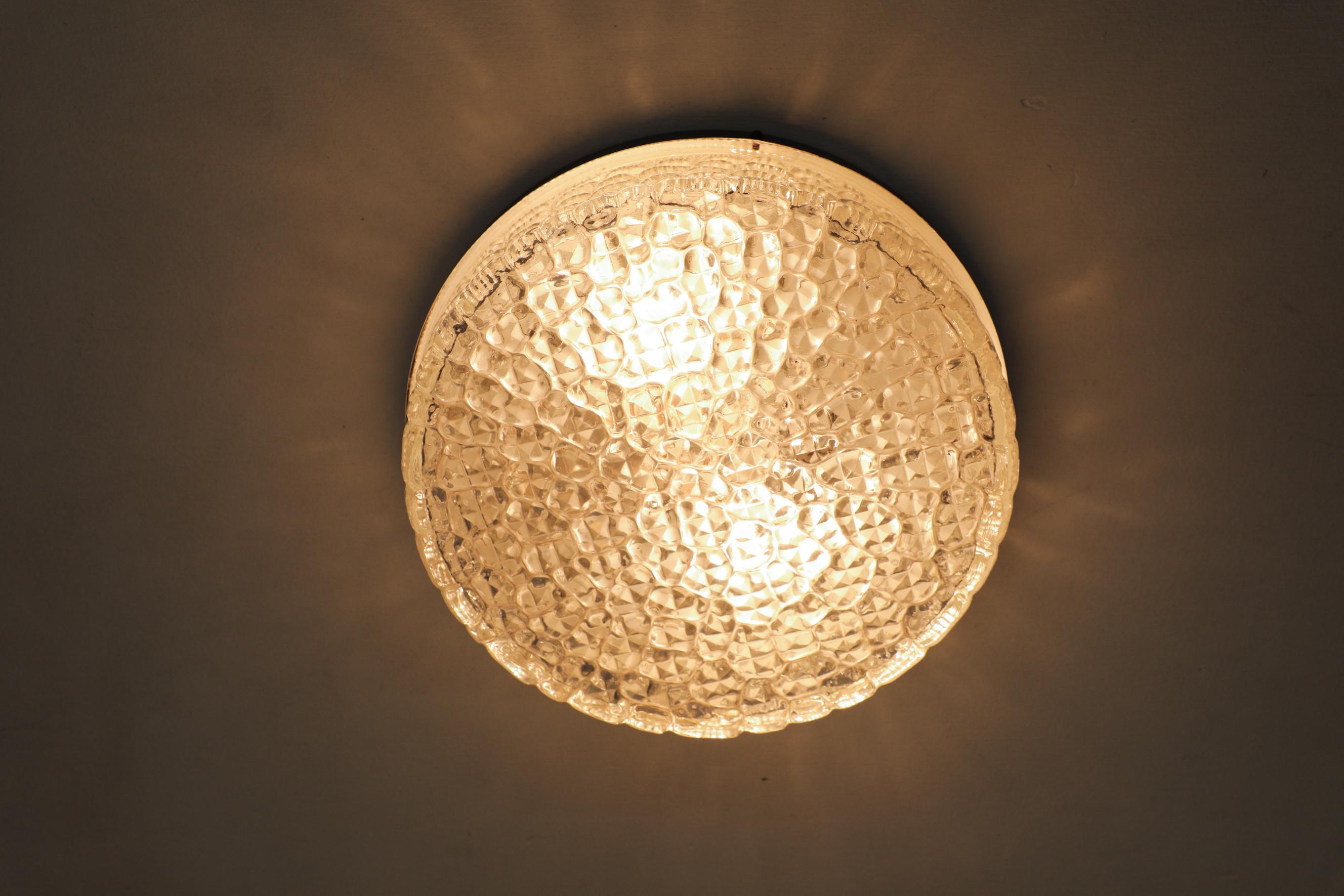 Heavy Mid-Century Mazzega Style Pressed Glass Flush Mounted Ceiling Light For Sale 3