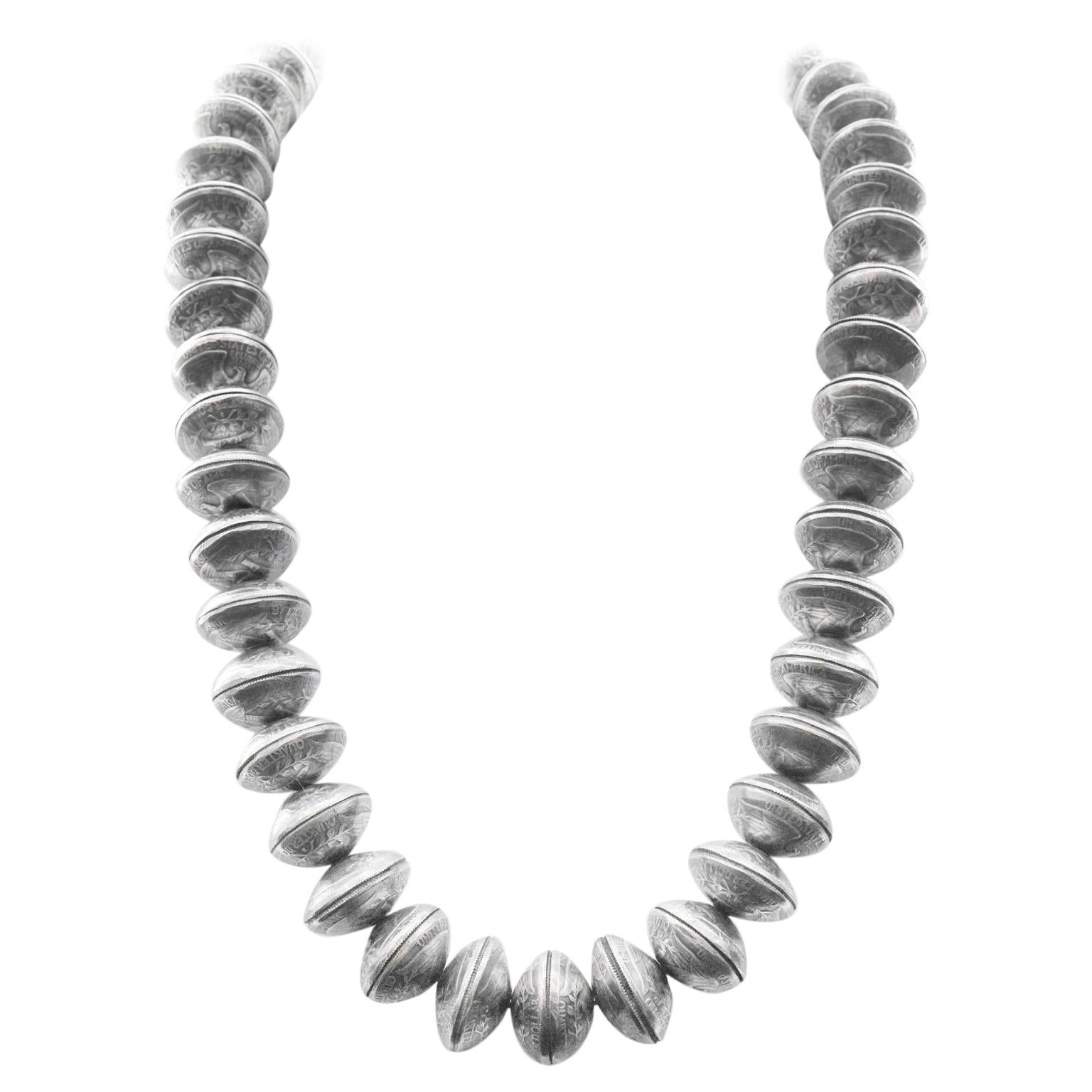 Heavy Navajo Bead Necklace, Coin Silver For Sale