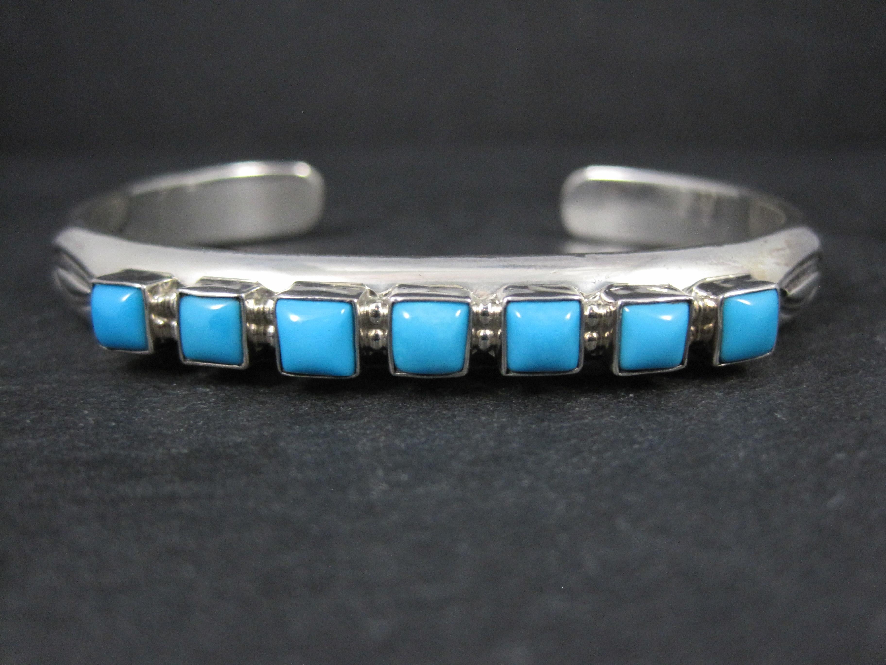 Square Cut Heavy Navajo Kingman Turquoise Cuff Bracelet 6.5 Inches Signed For Sale