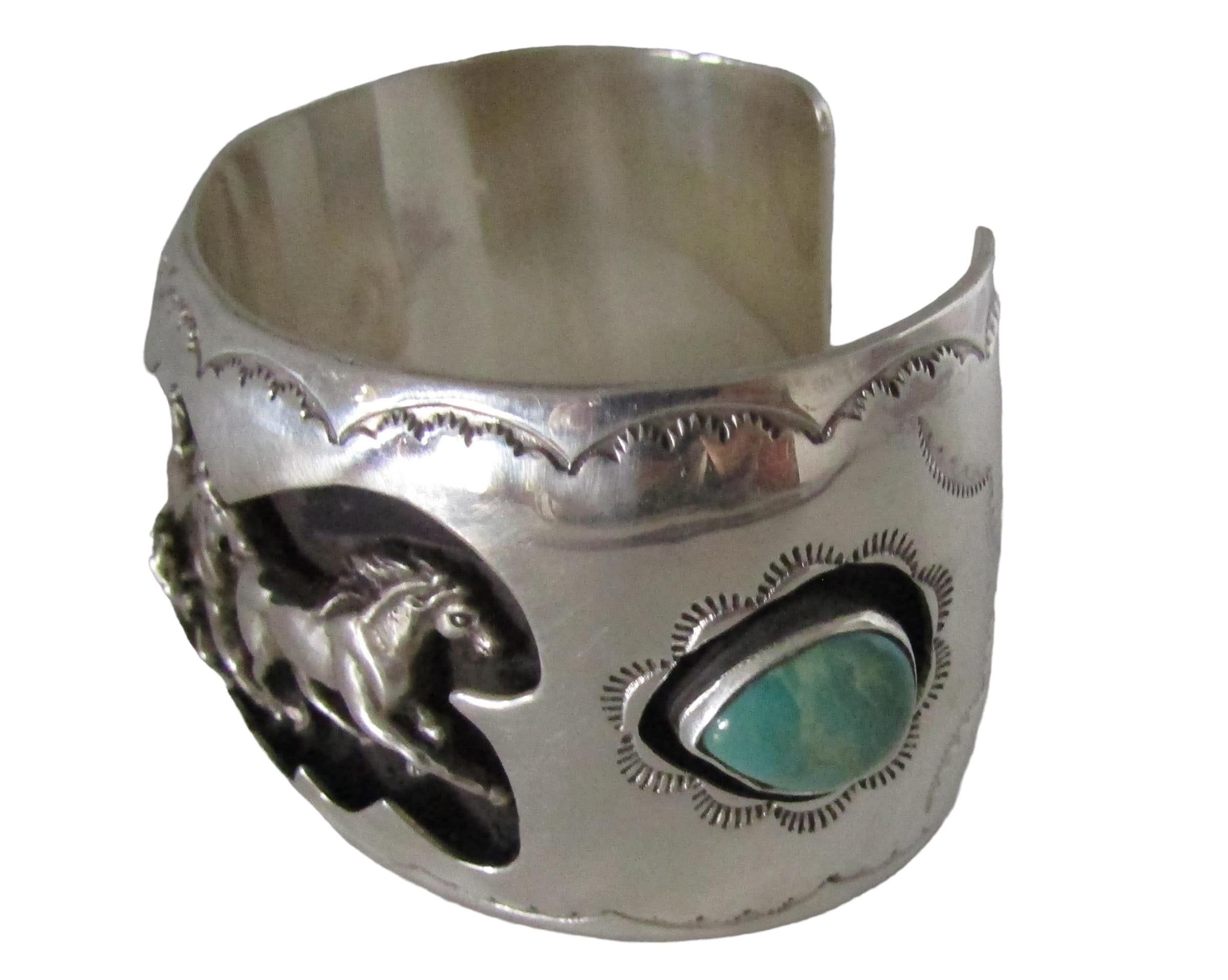 Native American Heavy Navajo Tim Yazzie Turquoise Sterling Silver Horses Native Cuff Bracelet