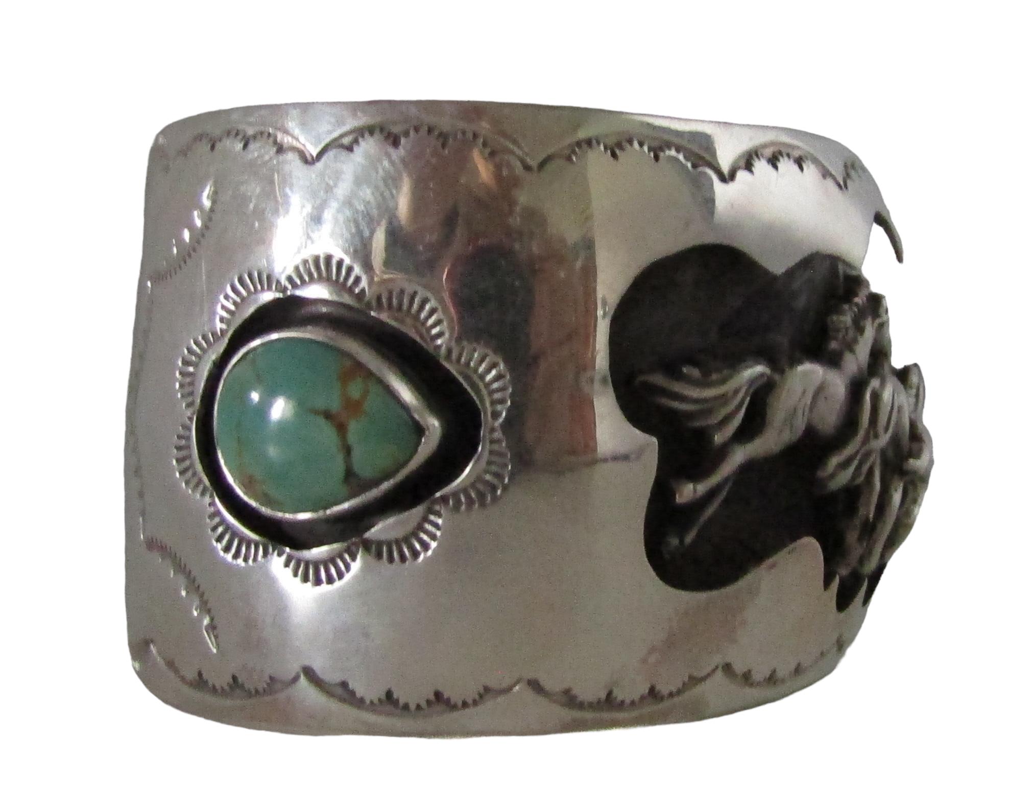 Old Mine Cut Heavy Navajo Tim Yazzie Turquoise Sterling Silver Horses Native Cuff Bracelet
