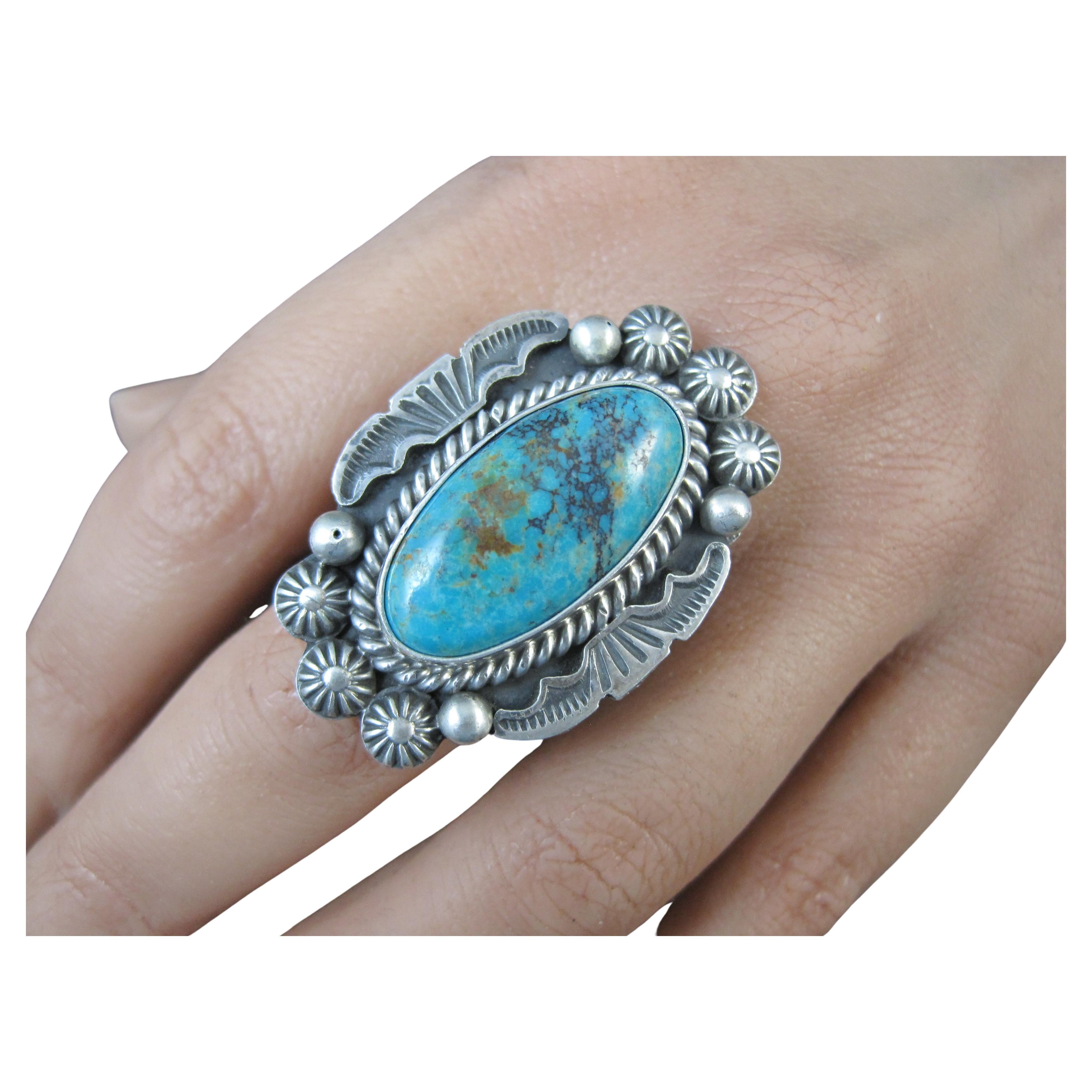 Heavy Navajo Turquoise and Sterling Silver Ring Size 8