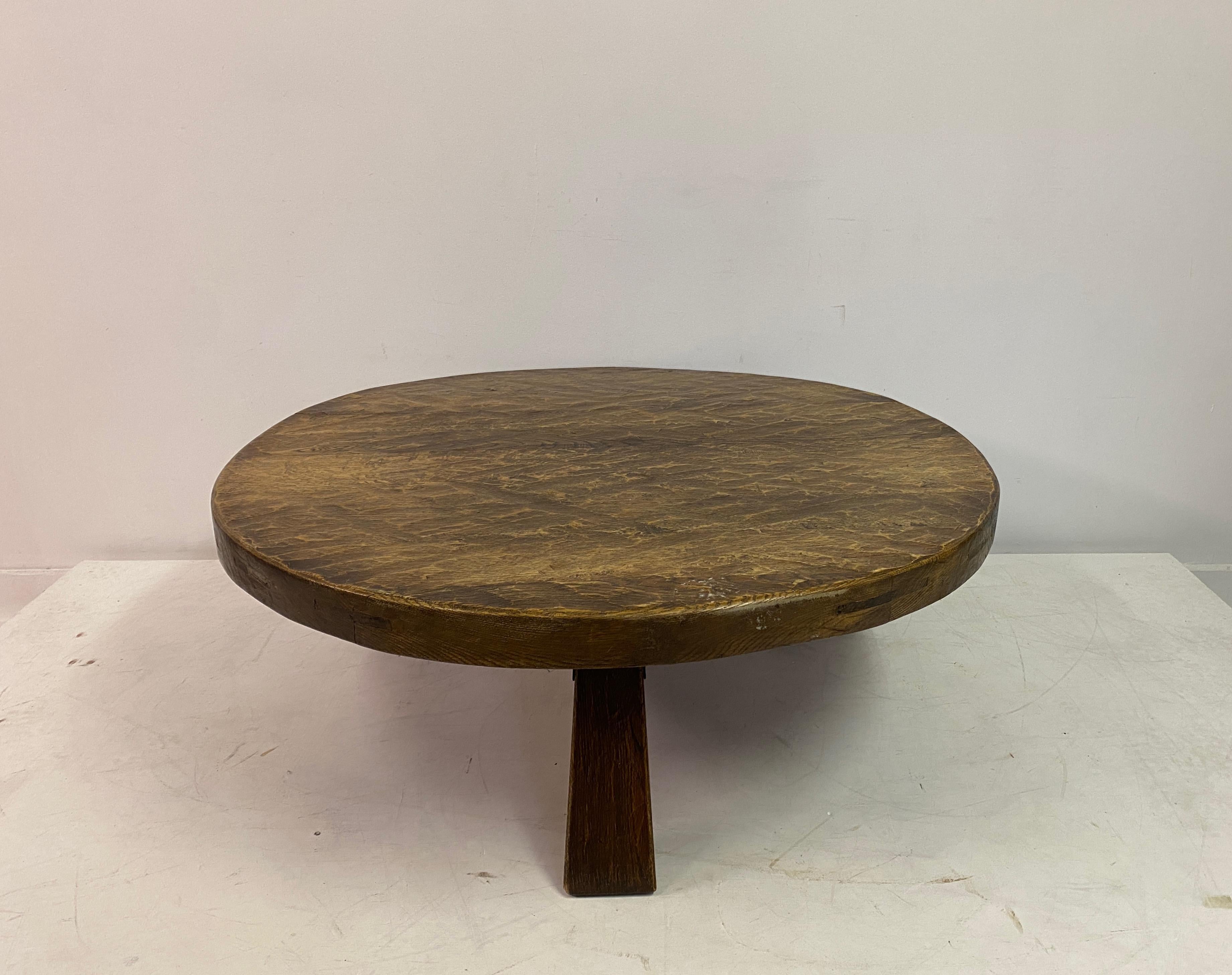 Mid-Century Modern Heavy Oak Brutalist Coffee Table With Adzed Top