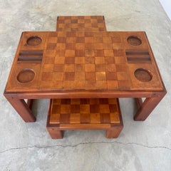 Heavy Oak Chess Table with Matching Stools, USA 1970's