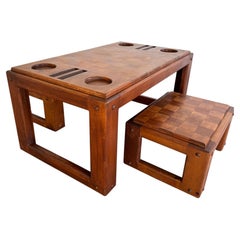 Heavy Oak Chess Table with Matching Stools, USA 1970's