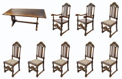 Heavy Oak Refectory Table & 8 Carved Oak Dining Chairs