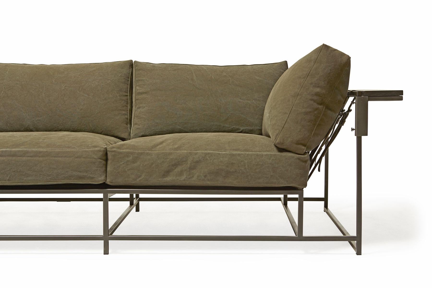 Dark Olive Heavy Canvas Sofa and Ottoman Set In New Condition For Sale In Los Angeles, CA