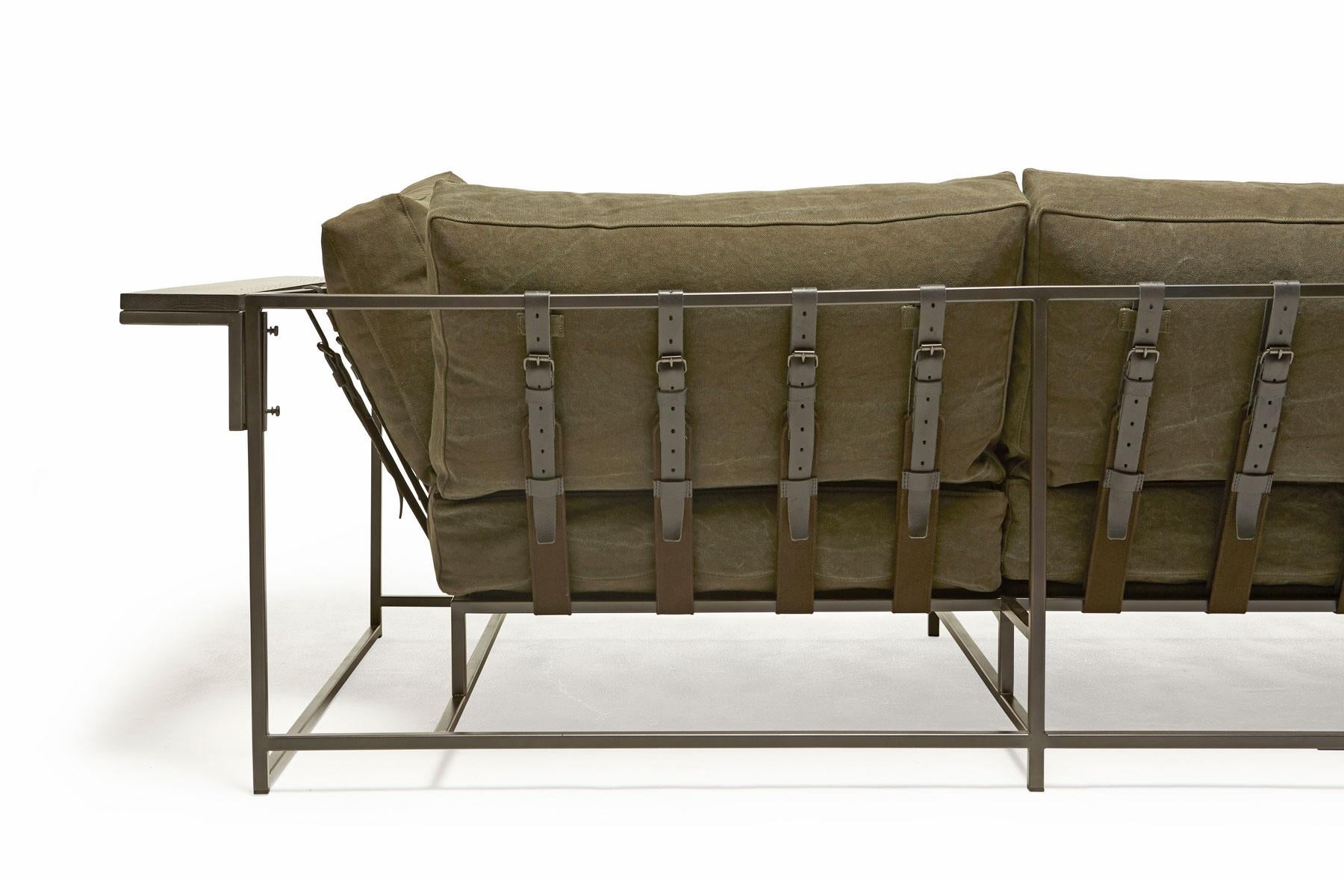 Ensemble canapé et pouf en toile lourde olive foncé en vente 1