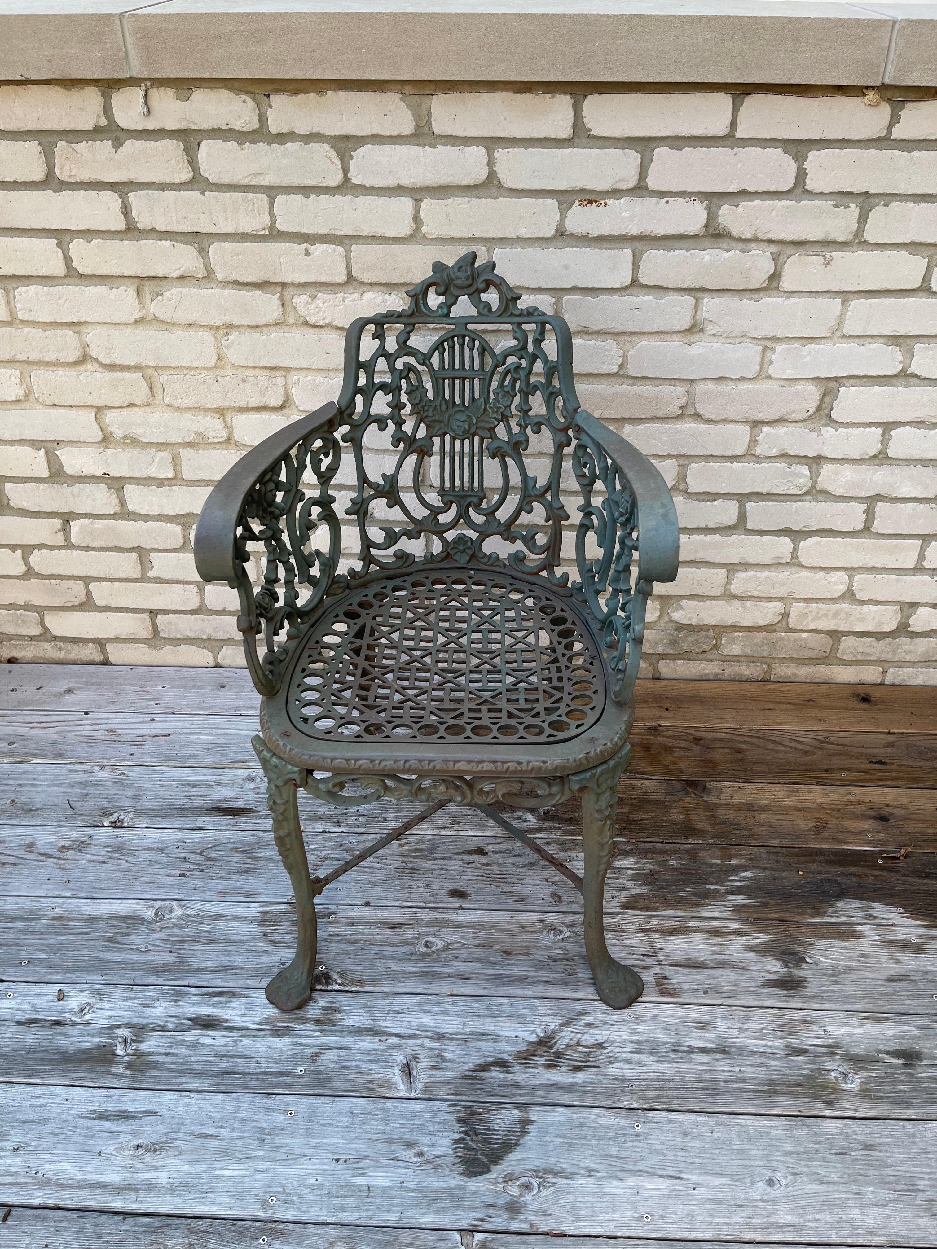 Greek Revival Heavy Painted Cast Iron Garden Chair in the Manner of Robert Wood For Sale