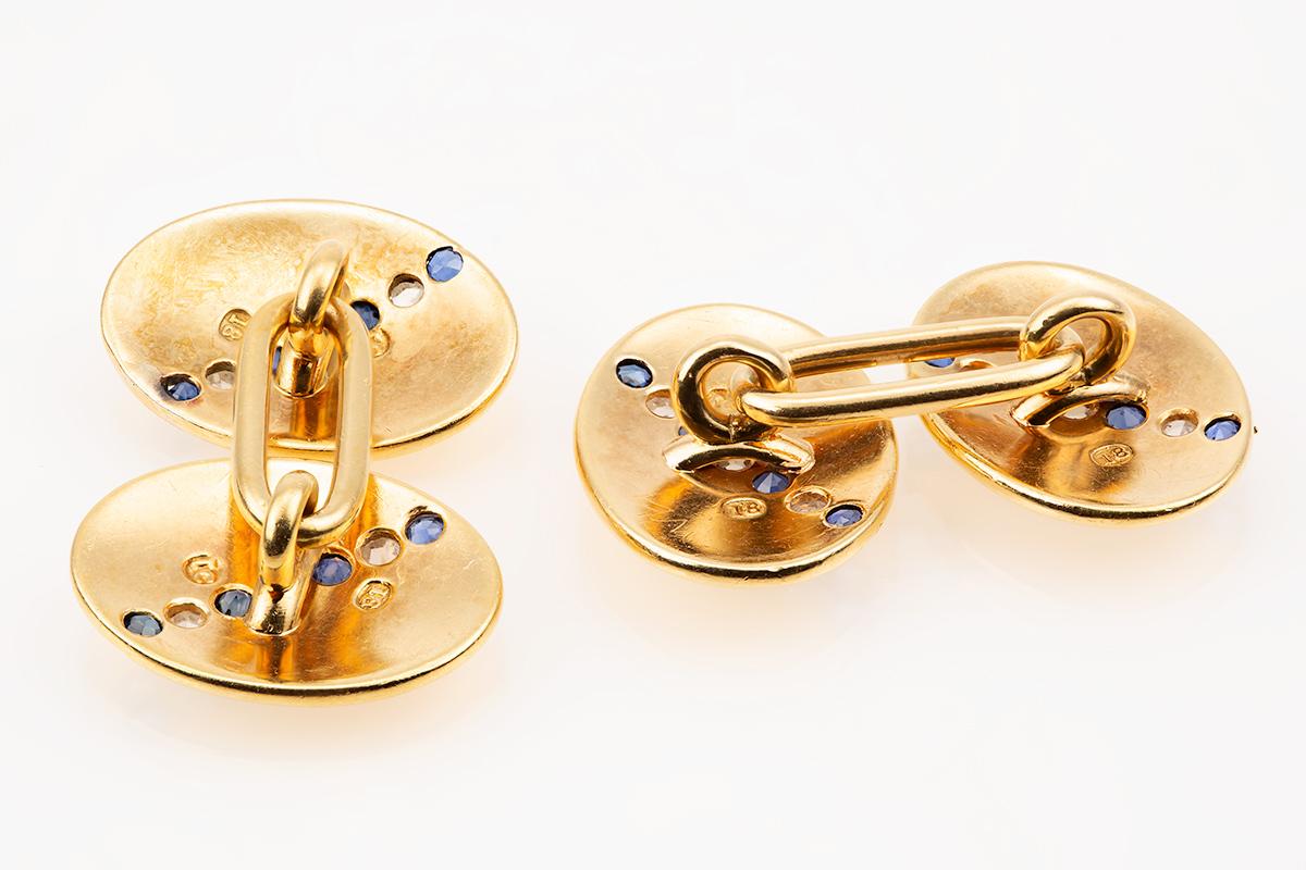 Late Victorian Cufflinks 18 Carat Gold with a line of Sapphires & Diamonds, English circa 1890 For Sale