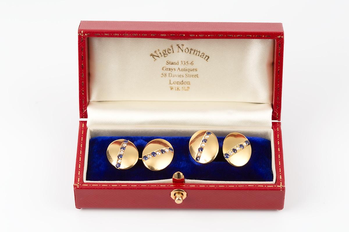 Rose Cut Cufflinks 18 Carat Gold with a line of Sapphires & Diamonds, English circa 1890 For Sale