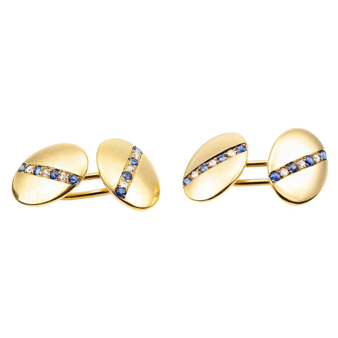 Cufflinks 18 Carat Gold with a line of Sapphires & Diamonds, English circa 1890 For Sale