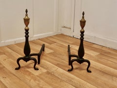 Heavy Pair of Brass & Iron Andirons or Fire Dogs